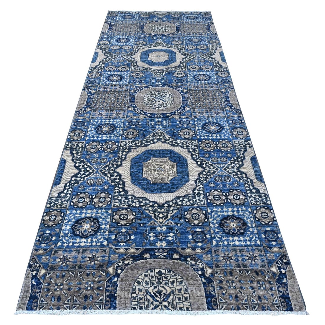 4'1"x11'6" Blue Aryana Collection Mamluk Design Wide Runner Oriental Rug: 4'1"x11'6" Blue Aryana Collection Mamluk Design Wide Runner Oriental Rug The 4'1"x11'6" Blue Aryana Collection Mamluk Design Wide Runner Oriental Rug boasts a stunning blue field color and intricate h