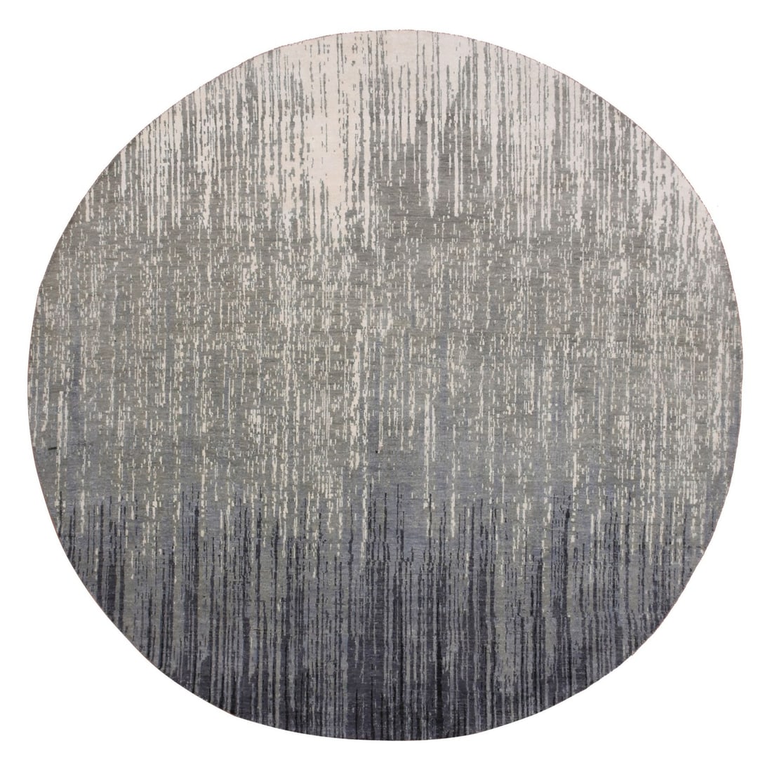 7'10"X8'1" Gray and Black Wool Hand Knotted Modern Ombre Design Round Rug: 7'10"X8'1" Gray and Black Wool Hand Knotted Modern Ombre Design Round Rug The 7'10" x 8'1" Gray and Black Wool Hand Knotted Modern Ombre Design Round Rug is a stunning piece of craftsmanship, boasting