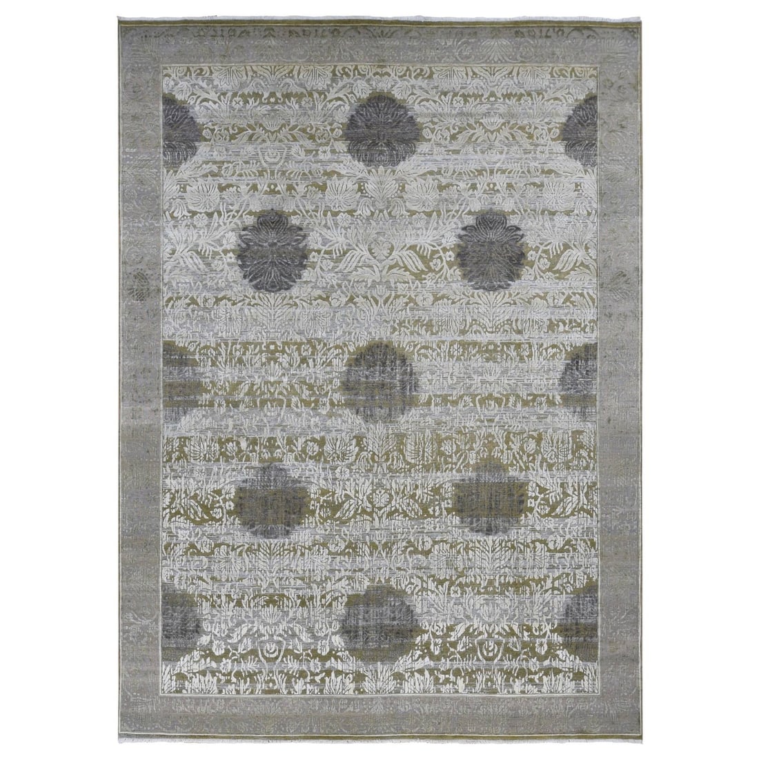 Green Silk Wool with 8'9"x12'1" Artistic Motifs Hand Knotted Rug: Green Silk Wool with 8'9"x12'1" Artistic Motifs Hand Knotted Rug Silk and wool come together in this stunning 8'9"x12'1" hand-knotted rug, featuring intricate artistic motifs in a beautiful green hue.