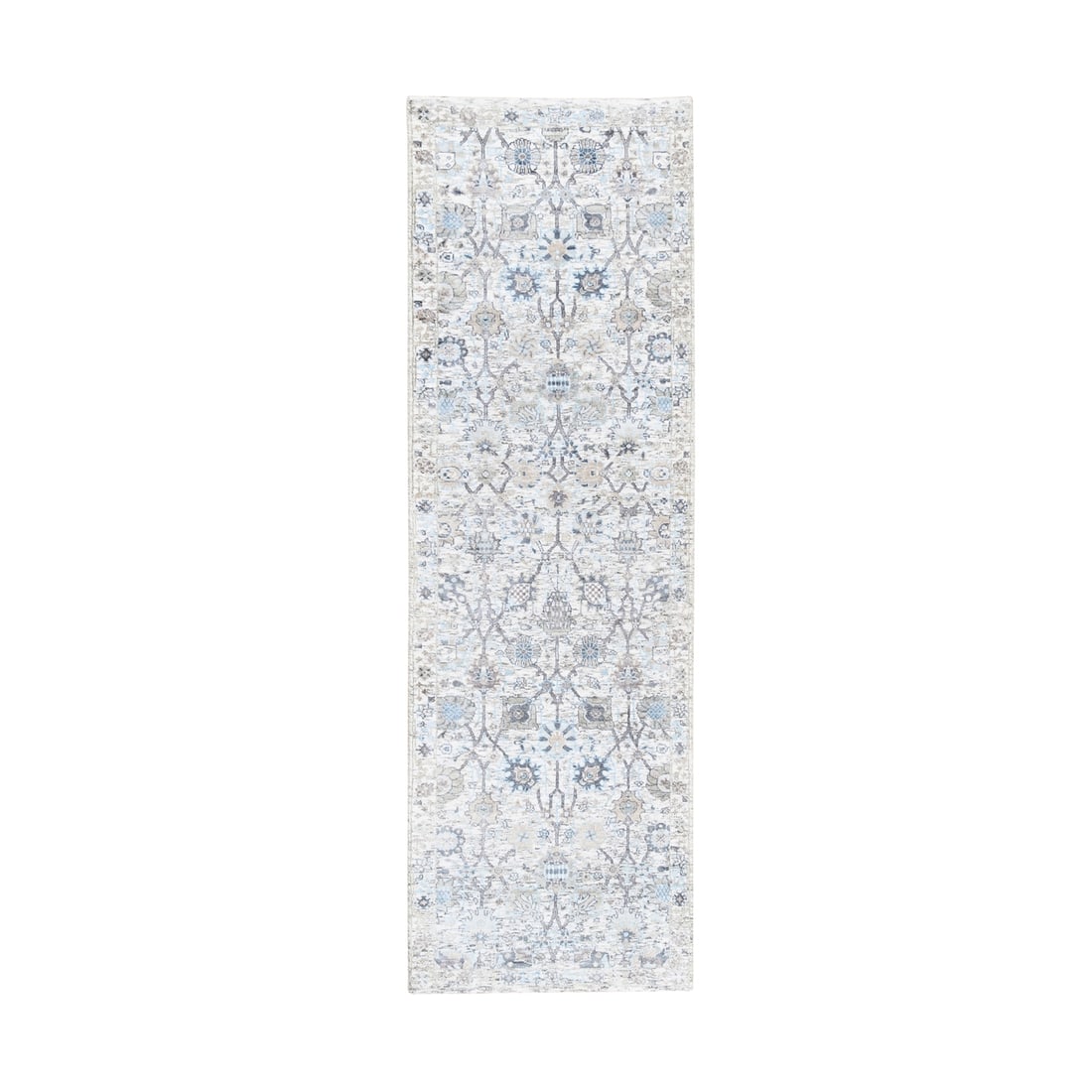 2'6"x8'2" Hand Knotted Ivory Silk With Textured Wool Tebraz Oriental Rug: 2'6"x8'2" Hand Knotted Ivory Silk With Textured Wool Tebraz Oriental Rug Hand-knotted with intricate texture, this 2'6"x8'2" ivory silk and wool tebraz oriental rug boasts a timeless, classic design. 