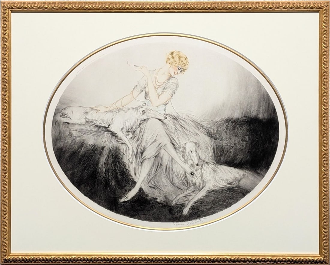 Woman with Borzoi dogs signed etching 1923 Louis Icart Art Deco: Woman with Borzoi dogs signed etching 1923 Louis Icart Art Deco Item Specifics: Artist: Louis Icart Unit Of Sale: Single Piece Signed By: Louis Icart Image Orientation: Landscape Signed: Yes Size: Lar