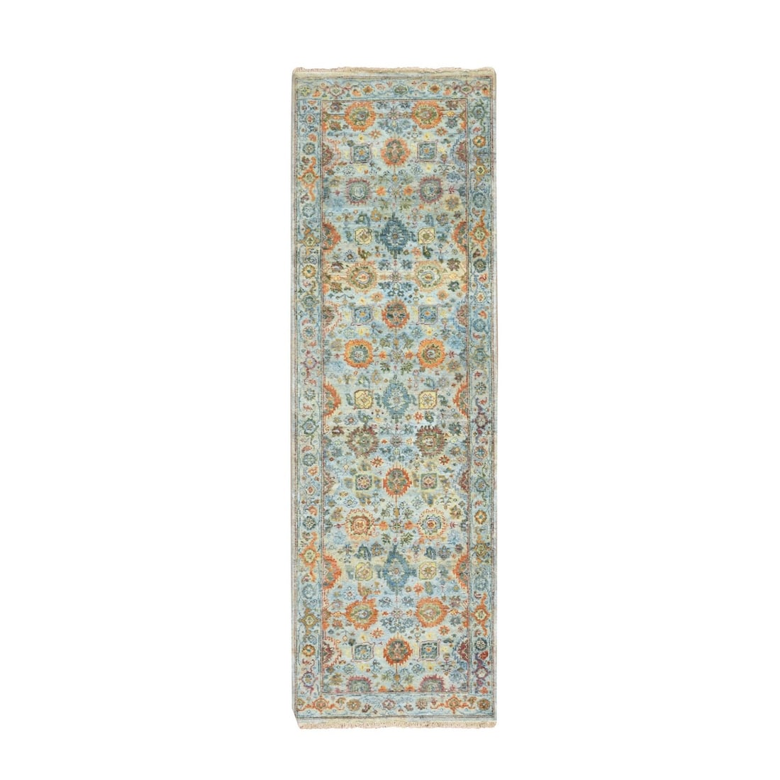 2'5"x8' Light Blue Sultanabad Reimagined Hand Knotted Pure Wool Runner Rug: 2'5"x8' Light Blue Sultanabad Reimagined Hand Knotted Pure Wool Runner Rug Light blue Sultanabad-inspired design in an all-over pattern, this hand-knotted pure wool runner rug boasts a unique regional