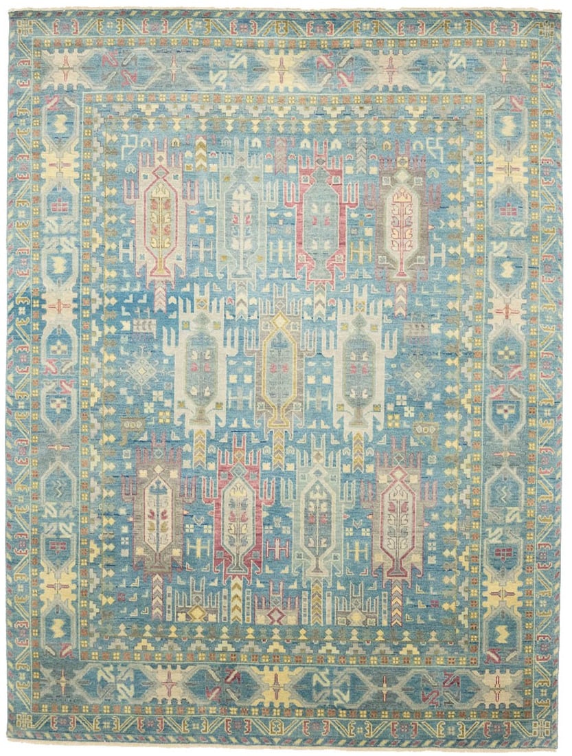 9X12 Ft Hand-Knotted Light Blue Floral Oriental Rug Living Room Decor Carpet Hand-Knotted: 9X12 Ft Hand-Knotted Light Blue Floral Oriental Rug Living Room Decor Carpet Hand-Knotted Hand-knotted in wool, this 9x12 ft light blue floral Oriental rug boasts a traditional geometric pattern and m