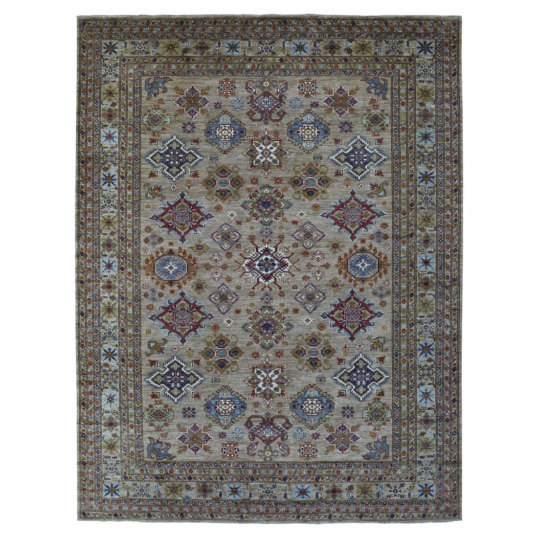 9'x11'9" Hand Knotted Beige Super Kazak Extra Soft Wool Oriental Rug: 9'x11'9" Hand Knotted Beige Super Kazak Extra Soft Wool Oriental Rug 9'0" x 11'9" Hand Knotted Beige Super Kazak Extra Soft Wool Oriental Rug - A stunning, hand-knotted Afghan-style rug in a beautiful