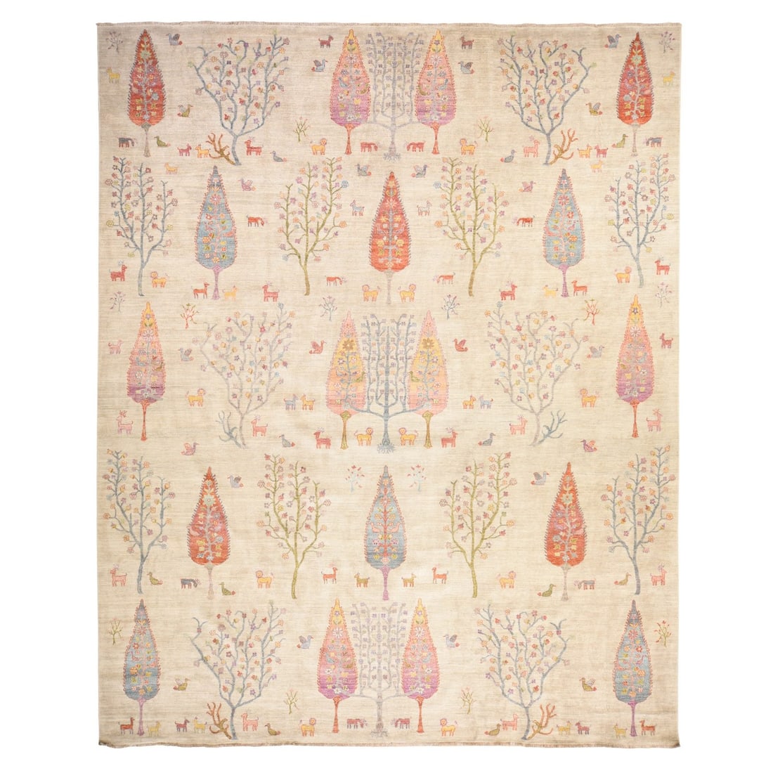 Ivory Folk Art Ethnic Willow Trees Hand Knotted Wool XL Rug: Ivory Folk Art Ethnic Willow Trees Hand Knotted Wool XL Rug This stunning hand-knotted wool rug boasts an all-over regional design reminiscent of traditional Oriental folk art, originating from Afghan