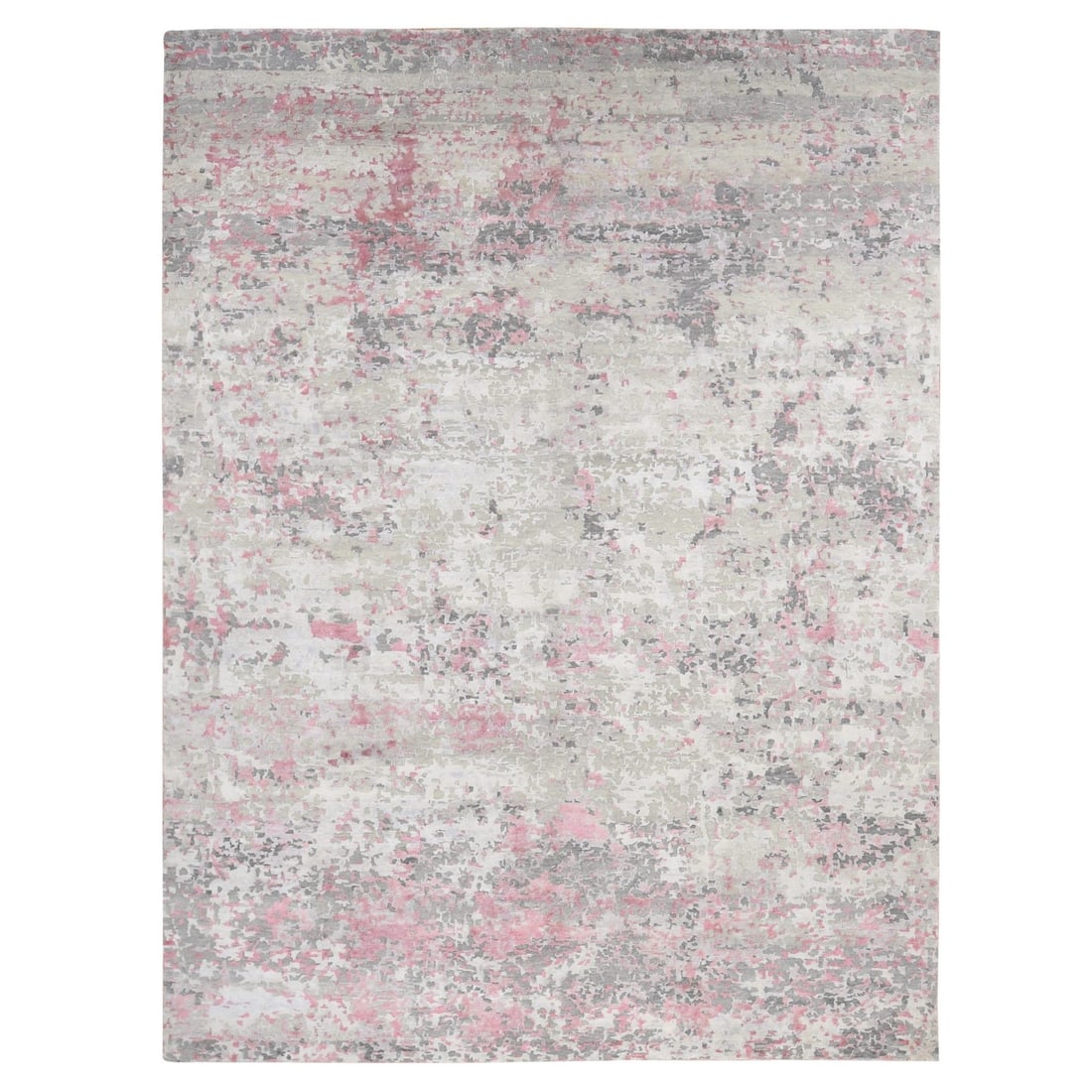 Rug Ivory 10'x13'9" Modern Abstract Design Hand Knotted Wool Silk: Rug Ivory 10'x13'9" Modern Abstract Design Hand Knotted Wool Silk 100% wool rug with a modern abstract design, measuring 10'x13'9". The rug features a pink color and is hand knotted with silk. Item Sp