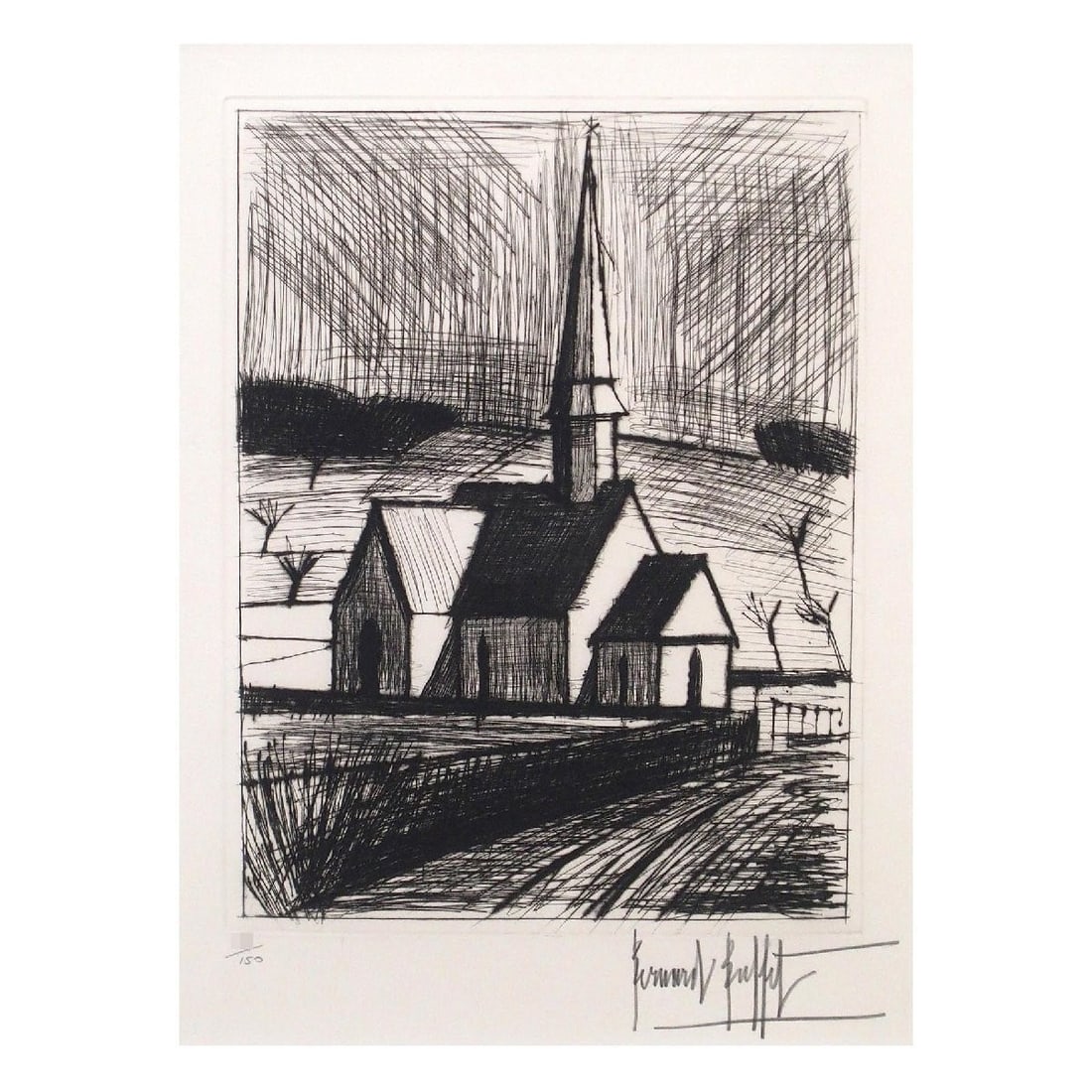 Bernard Buffet glise de Rolleville Drypoint, Signed, Edition 150 Church Scene (1 of 6)