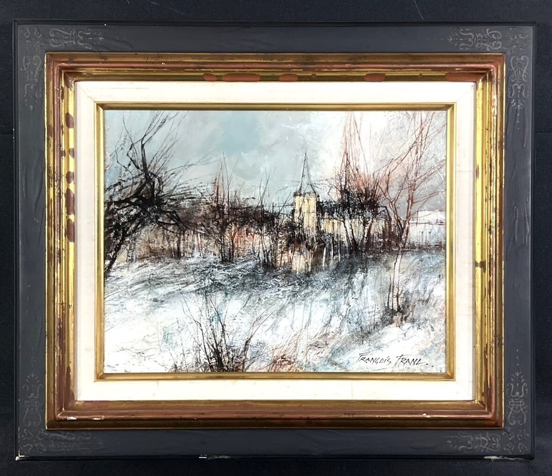 Winter Landscape Signed Painting Oil Framed France Church Eu (1 of 10)