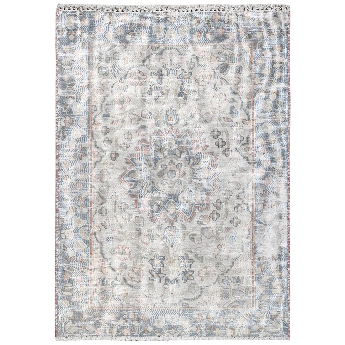 Ivory Old Farsian Karman Hand Worn Wool Mat Rug Knotted 2'x2'9: Ivory Old Farsian Karman Hand Worn Wool Mat Rug Knotted 2'x2'9 Worn with character, this 2'0" x 2'9" hand-knotted wool mat rug from Turkey boasts a timeless Oriental design, its ivory color evoking a 