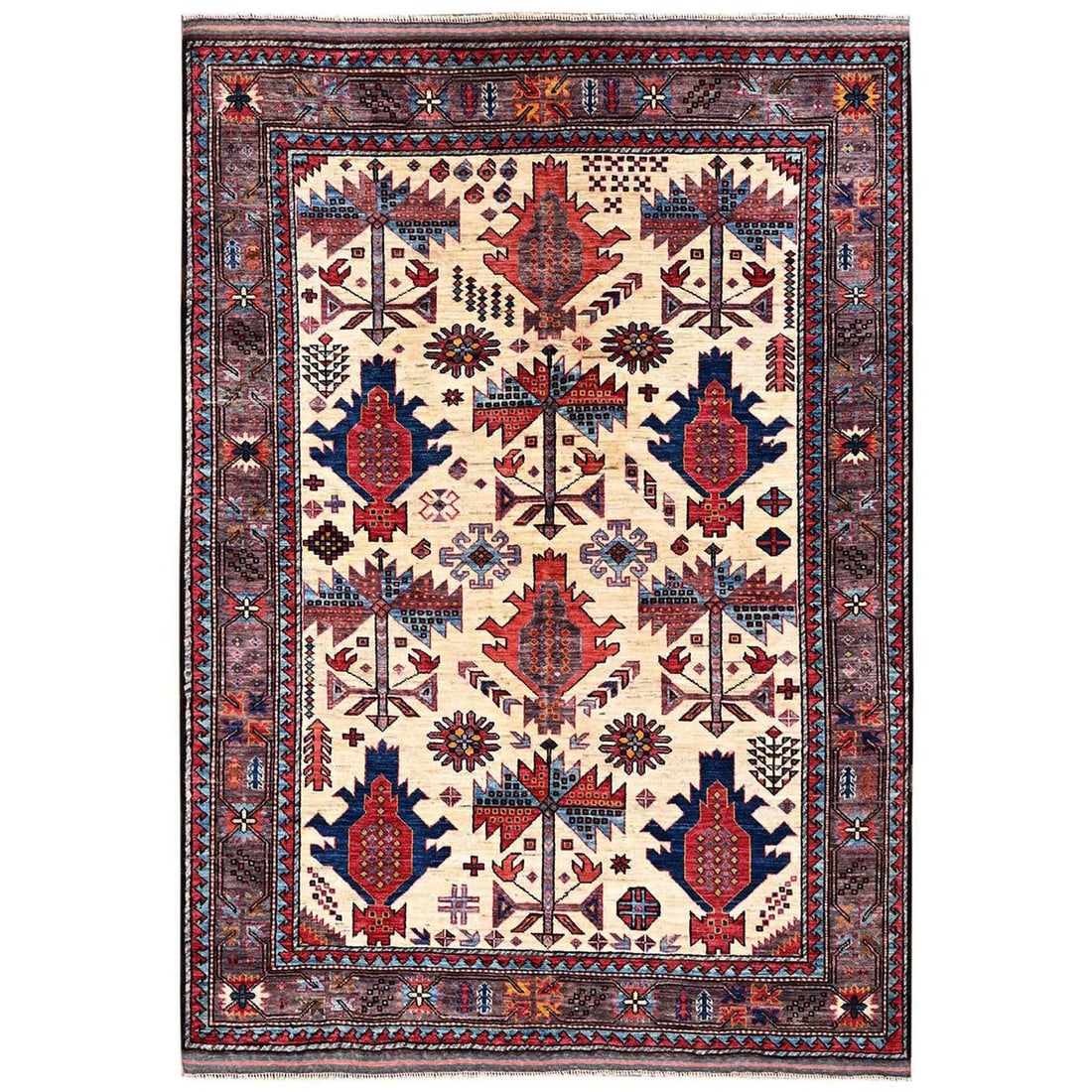 5'2"x6'4" Ivory Afghan Ersari with Caucasian Motif Hand Knotted Wool Rug: 5'2"x6'4" Ivory Afghan Ersari with Caucasian Motif Hand Knotted Wool Rug This stunning 5'2"x6'4" Ivory Afghan Ersari rug boasts an intricate all-over Caucasian motif, expertly hand-knotted from high-q