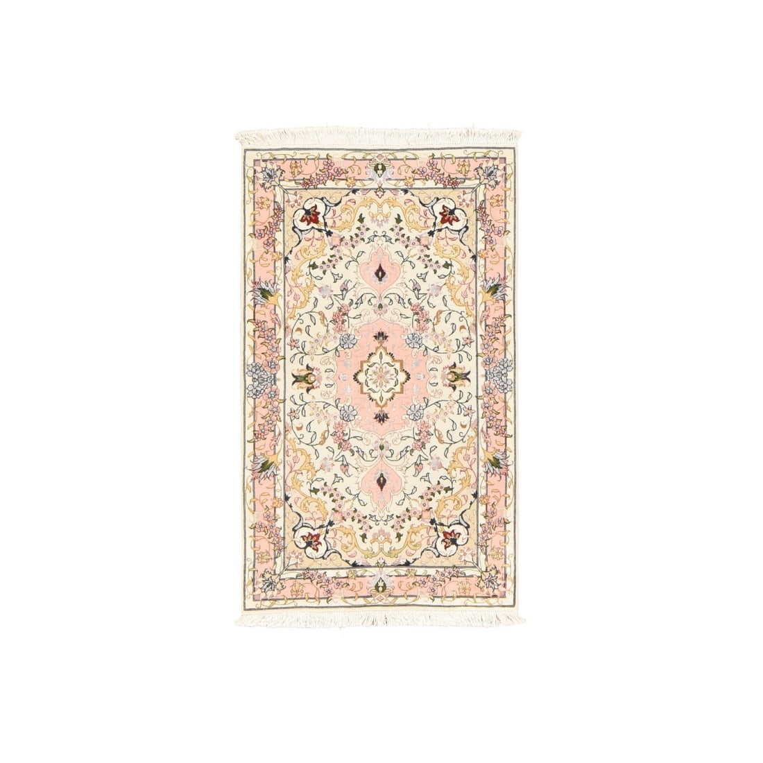 2'5"x4'1" Pink Zoroastrian Tebraz 400 KPSI Hand Knotted Wool & Silk Mat: 2'5"x4'1" Pink Zoroastrian Tebraz 400 KPSI Hand Knotted Wool & Silk Mat Hand-knotted with wool and silk, this 2'5"x4'1" pink Zoroastrian Tebraz rug boasts a medallion regional design from Turkey, feat