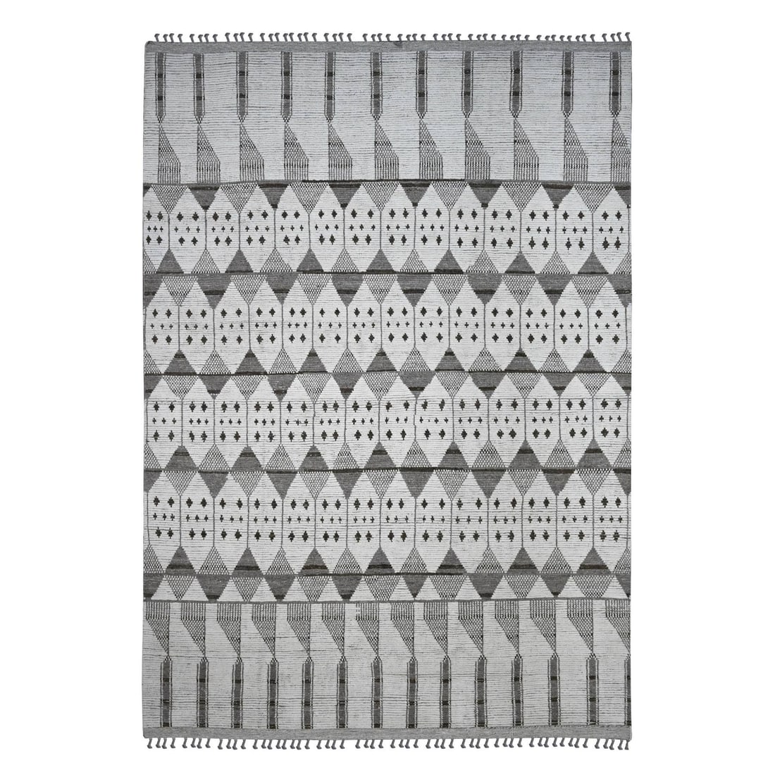 White Moroccan Weave Geometric Pattern Wool Hand Knotted 9'3"x13'2" Rug: White Moroccan Weave Geometric Pattern Wool Hand Knotted 9'3"x13'2" Rug Hand-knotted with traditional Moroccan technique, this stunning wool rug boasts a striking geometric pattern woven into its ivor