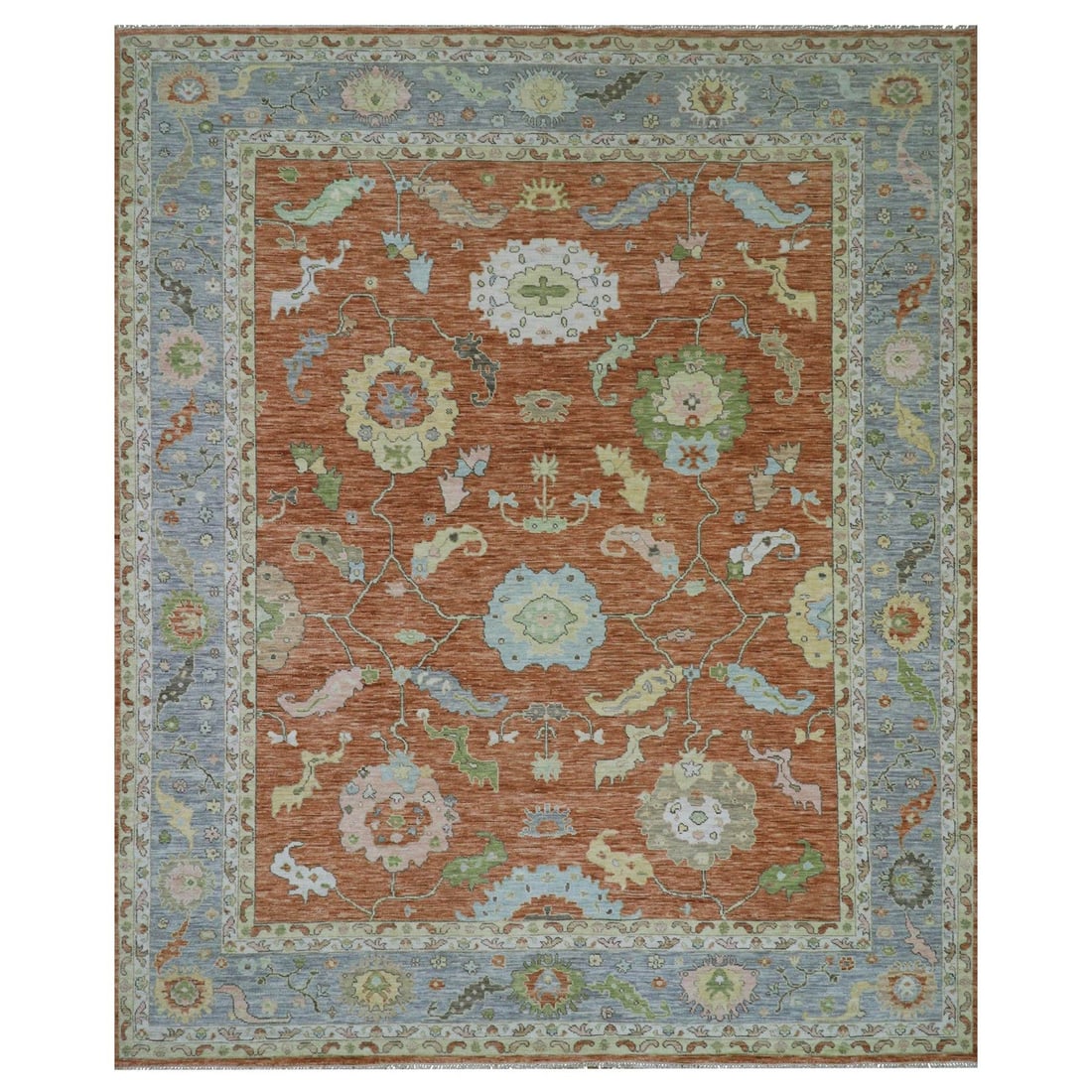 12'1"x14'7" Brown Colorful Oushak Weave Wool Hand Knotted Oversized Rug: 12'1"x14'7" Brown Colorful Oushak Weave Wool Hand Knotted Oversized Rug Brown Colorful Oushak Weave Wool Hand Knotted Oversized Rug measures 12'1" x 14'7" and features a unique brown field with an int
