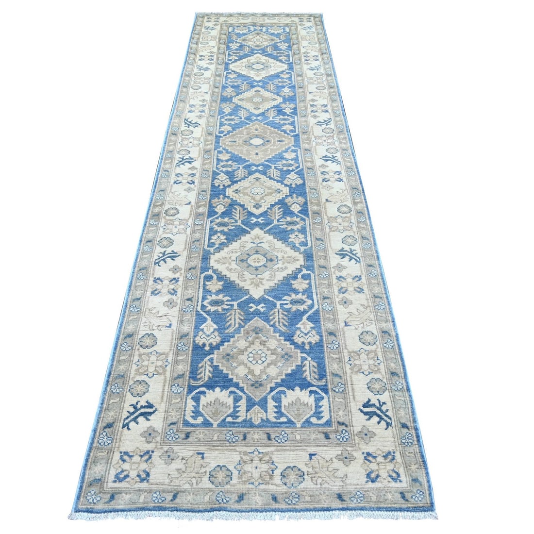 3'x11'6" Blue Vintage Look Kazak Hand Knotted Wool Runner Oriental Rug: 3'x11'6" Blue Vintage Look Kazak Hand Knotted Wool Runner Oriental Rug Hand-knotted in wool, this 3'0" x 11'6" blue vintage look Kazak runner features a medallion pattern and a rich, blue field color.