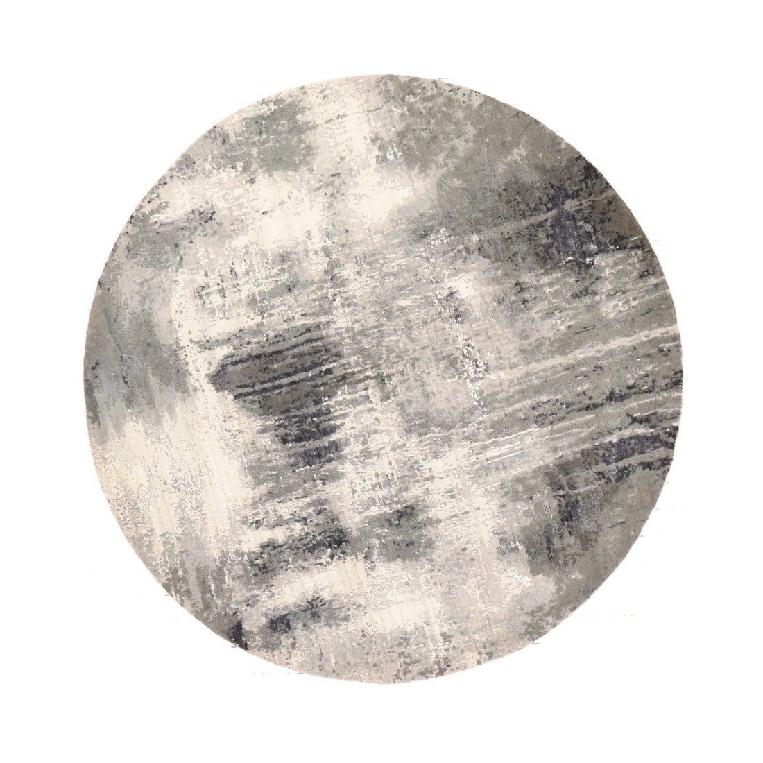 6'2"x6'2" Black with Ivory Abstract Design Hand Knotted Wool and Silk Round: 6'2"x6'2" Black with Ivory Abstract Design Hand Knotted Wool and Silk Round Hand-knotted wool and silk, this 6'2"x6'2" round rug boasts an elegant ivory abstract design against a black background, add