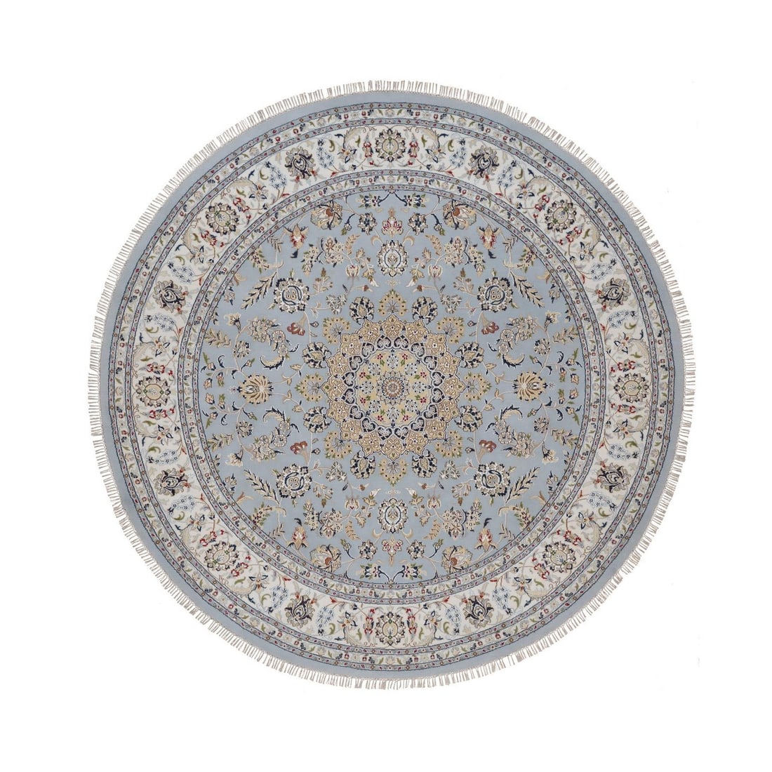 Light Blue Hand Knotted Wool Silk Round Rug 9' 250 KPSI: Light Blue Hand Knotted Wool Silk Round Rug 9' 250 KPSI Light blue hand-knotted wool silk rug with a medallion pattern, showcasing the beauty of Nain-style design. Made from a blend of wool and silk, 