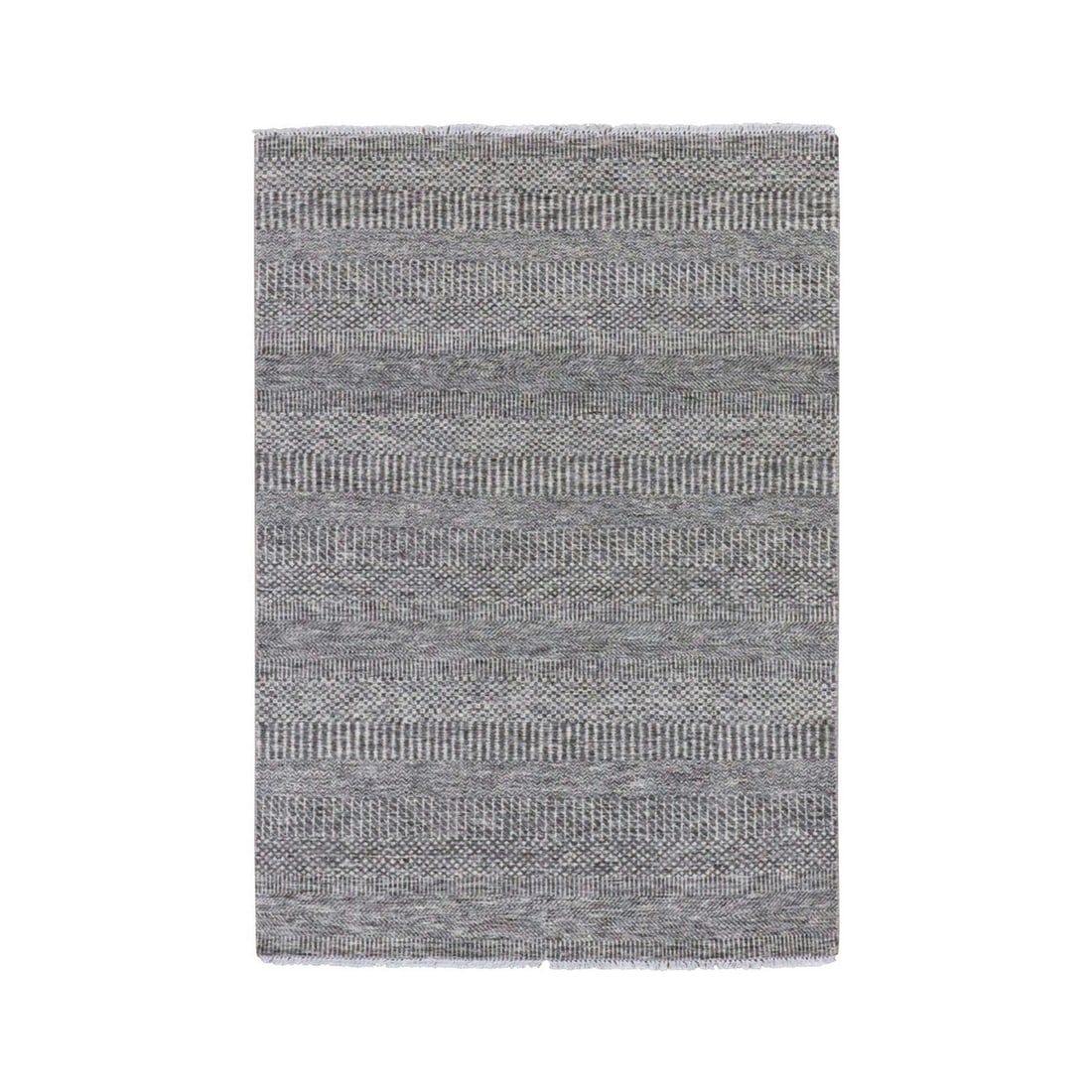 4'x6'6" Dark Gray Hand Knotted Grass Design Natural Undyed Wool Rug: 4'x6'6" Dark Gray Hand Knotted Grass Design Natural Undyed Wool Rug Dark Gray Hand Knotted Grass Design Natural Undyed Wool Rug, measuring 4'0" x 6'6", boasts a unique Oriental style with a subtle gre