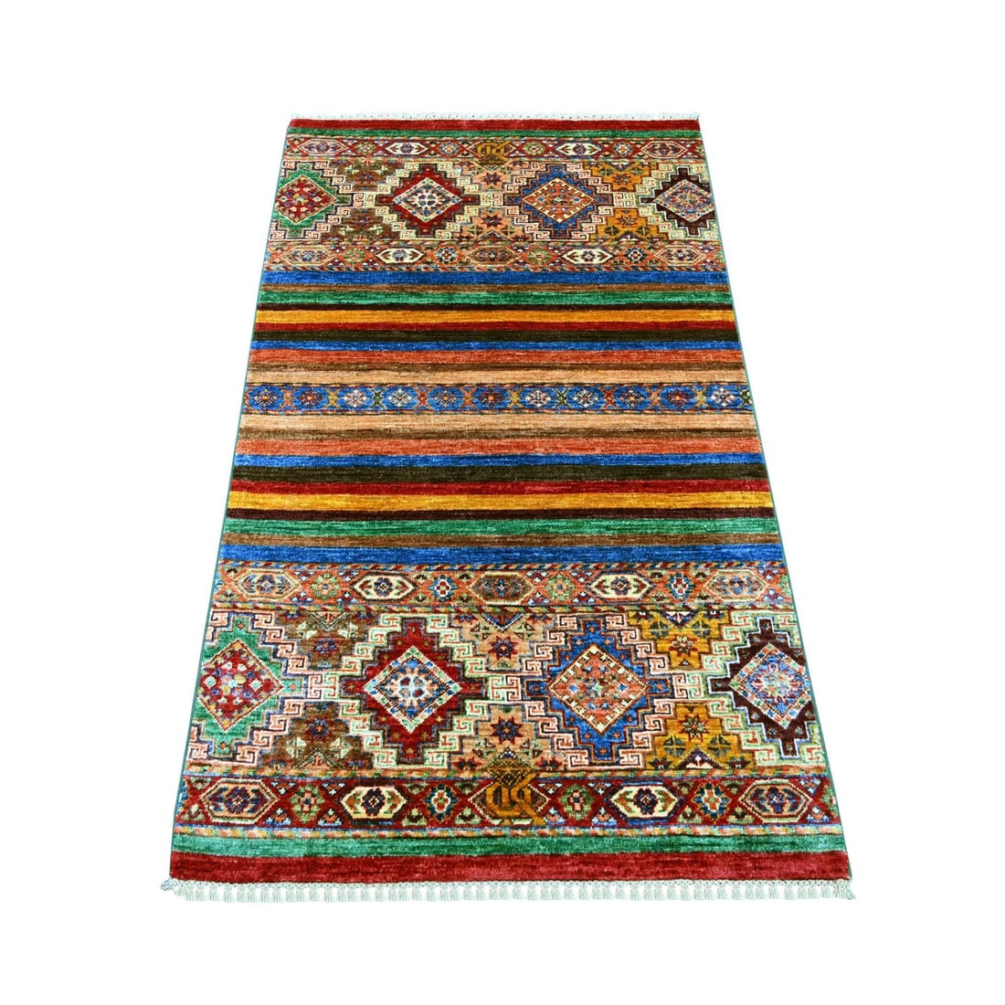 Colorful Afghan Super Kazak Khorjin Design Hand Knotted Wool Rug: Colorful Afghan Super Kazak Khorjin Design Hand Knotted Wool Rug Colorful and intricately designed, this hand-knotted wool rug boasts a vibrant multicolored field with an all-over Kazak pattern, chara