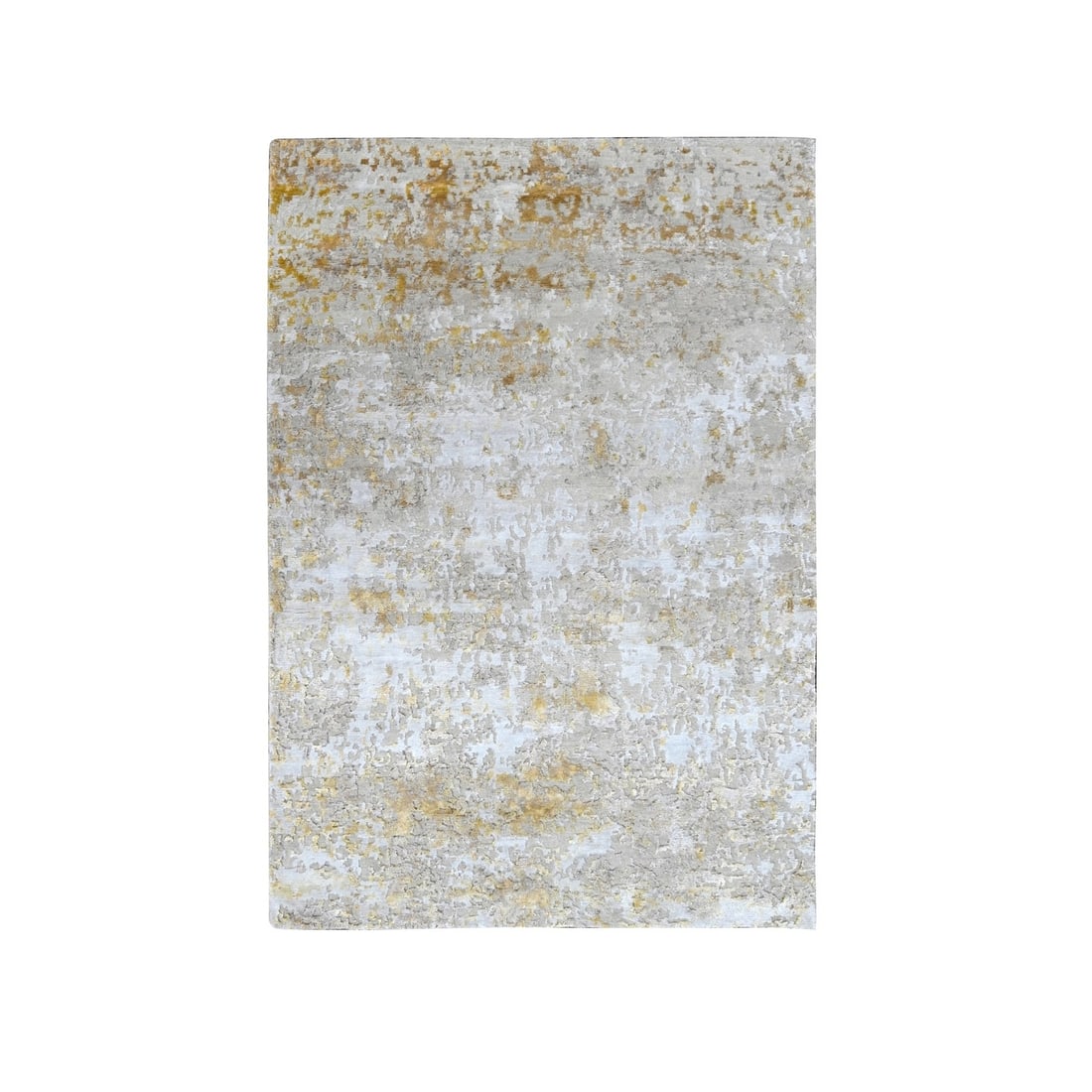 4'x5'9" Pastel Gray Abstract Design Wool and Silk Hand Knotted Rug: 4'x5'9" Pastel Gray Abstract Design Wool and Silk Hand Knotted Rug The 4'x5'9" Pastel Gray Abstract Design Wool and Silk Hand Knotted Rug boasts a unique, rectangular field with a subtle grey color pa