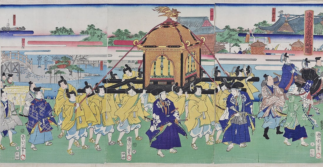 Woodblock Print Kameido View Meiji Tokyo Map Toyohara Kunichika (1 of 13)