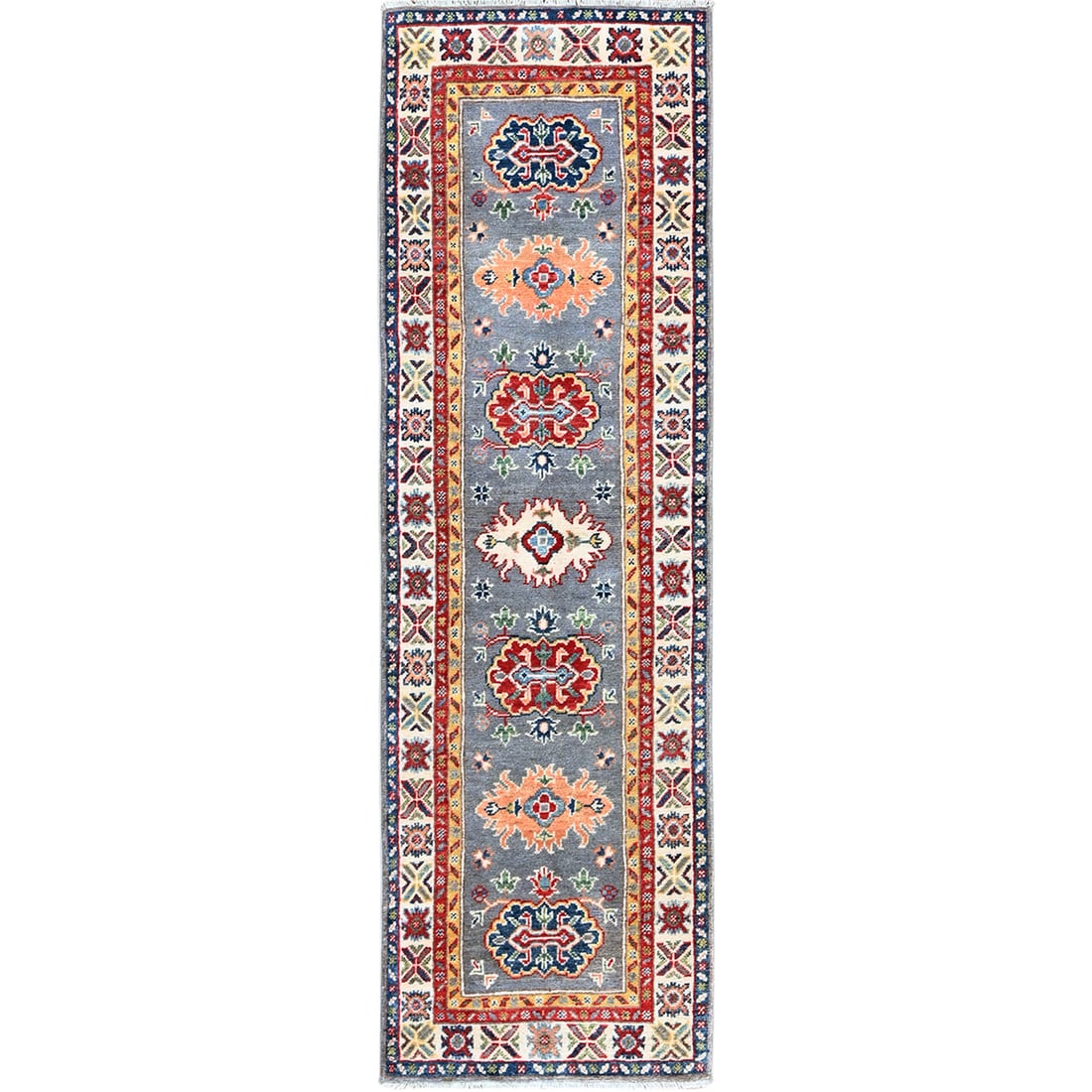 Gray Kazak with Tribal Design Soft Wool Hand Knotted Rug 2'x6'6: Gray Kazak with Tribal Design Soft Wool Hand Knotted Rug 2'x6'6 Soft and subtle, this hand-knotted wool Kazak rug boasts a stunning tribal design in soothing gray tones, accented with pops of red, ora