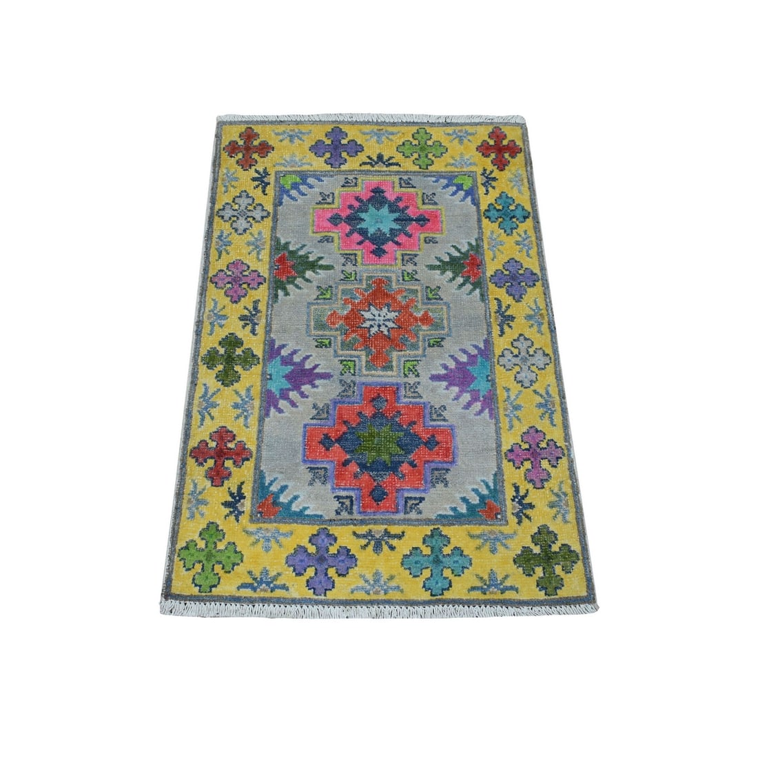 1'10"x2'9" Yellow Fusion Kazak Organic Wool Hand Knotted Oriental Rug: 1'10"x2'9" Yellow Fusion Kazak Organic Wool Hand Knotted Oriental Rug Yellow Fusion Kazak Organic Wool Hand Knotted Oriental Rug is a unique, rectangular-shaped piece measuring 1'10" x 2'9". Made from