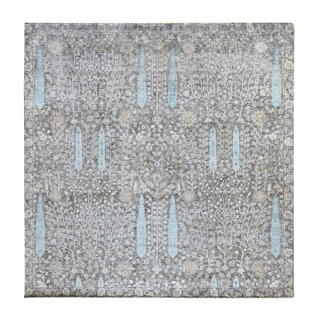 Silk Hand Knotted Cypress Tree Design Black Charcoal Square Rug: Silk Hand Knotted Cypress Tree Design Black Charcoal Square Rug Silk Hand Knotted Cypress Tree Design Black Charcoal Square Rug - A stunning piece of craftsmanship, this 10'0" x 10'0" square rug boast