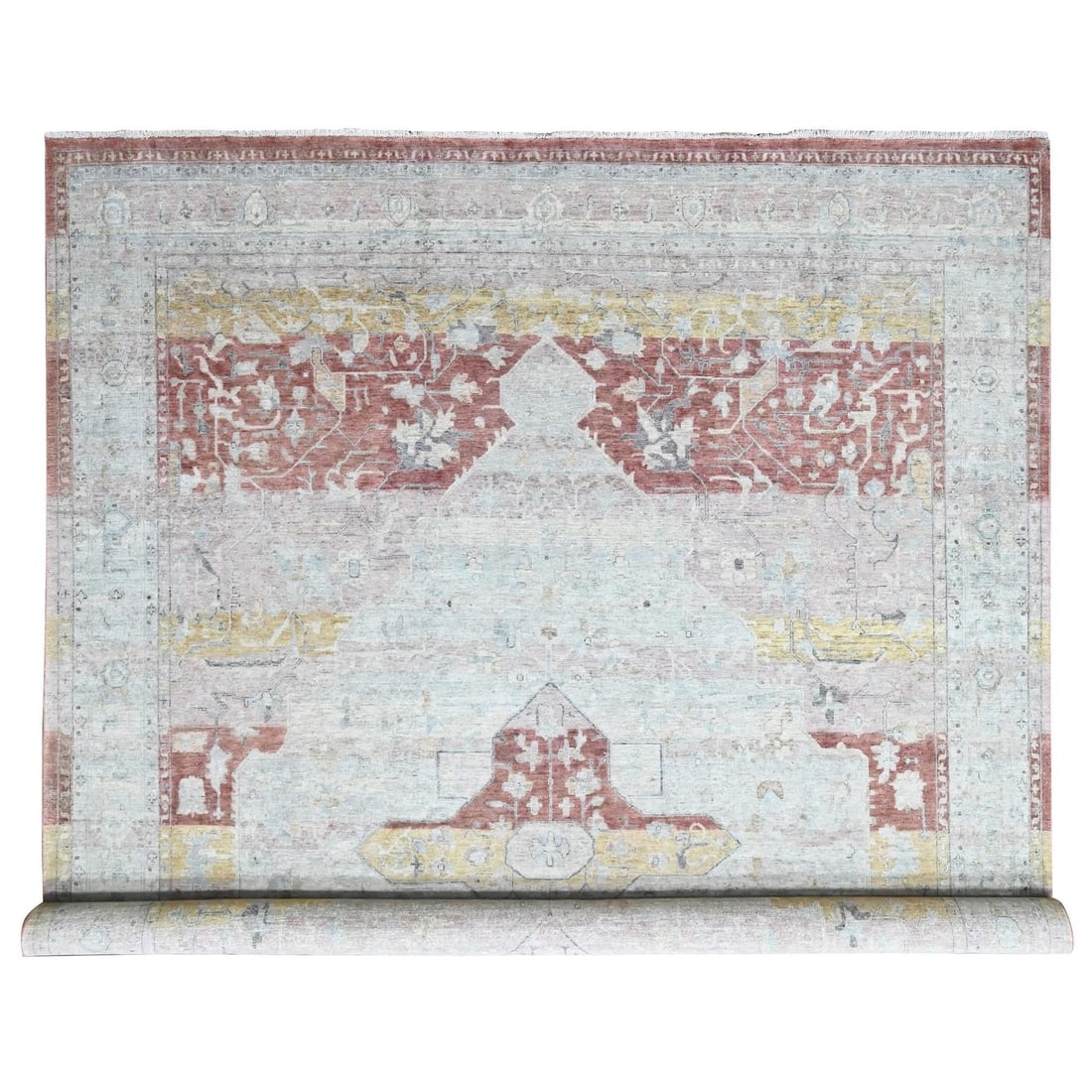 Hand knotted ivory Ziegler Mahal with Oushak wool rug 11'10"x14'9: Hand knotted ivory Ziegler Mahal with Oushak wool rug 11'10"x14'9 Hand-knotted in wool, this stunning Oushak-style rug boasts a rich ivory color and intricate regional design, set against a rectangula