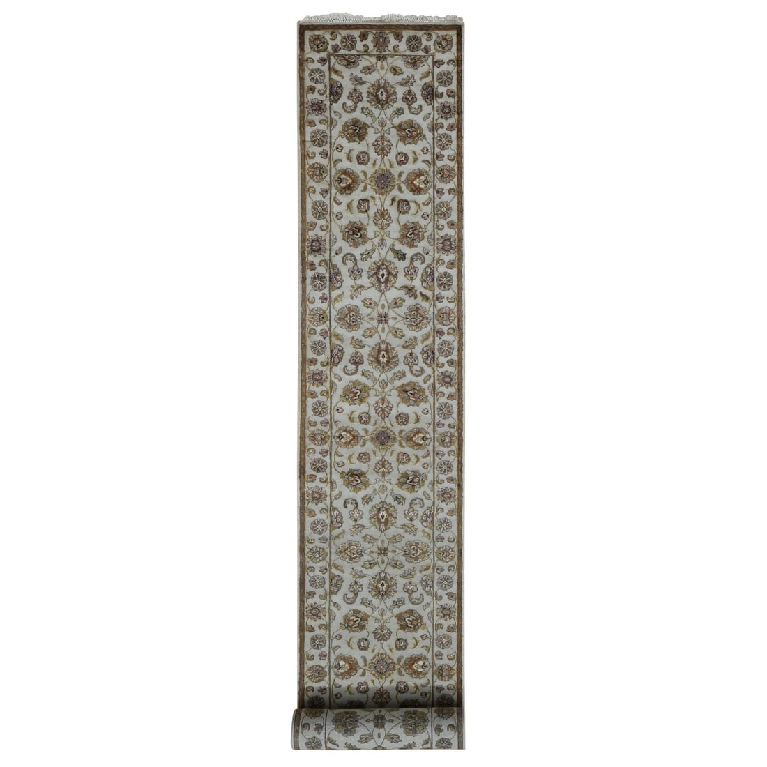 Bone White Wool Silk Rajasthan Hand Knotted 2'7"x16' XL Runner Rug: Bone White Wool Silk Rajasthan Hand Knotted 2'7"x16' XL Runner Rug Bone White Wool Silk Rajasthan Hand Knotted 2'7"x16' XL Runner Rug features a stunning ivory color and a unique blend of 100% wool an