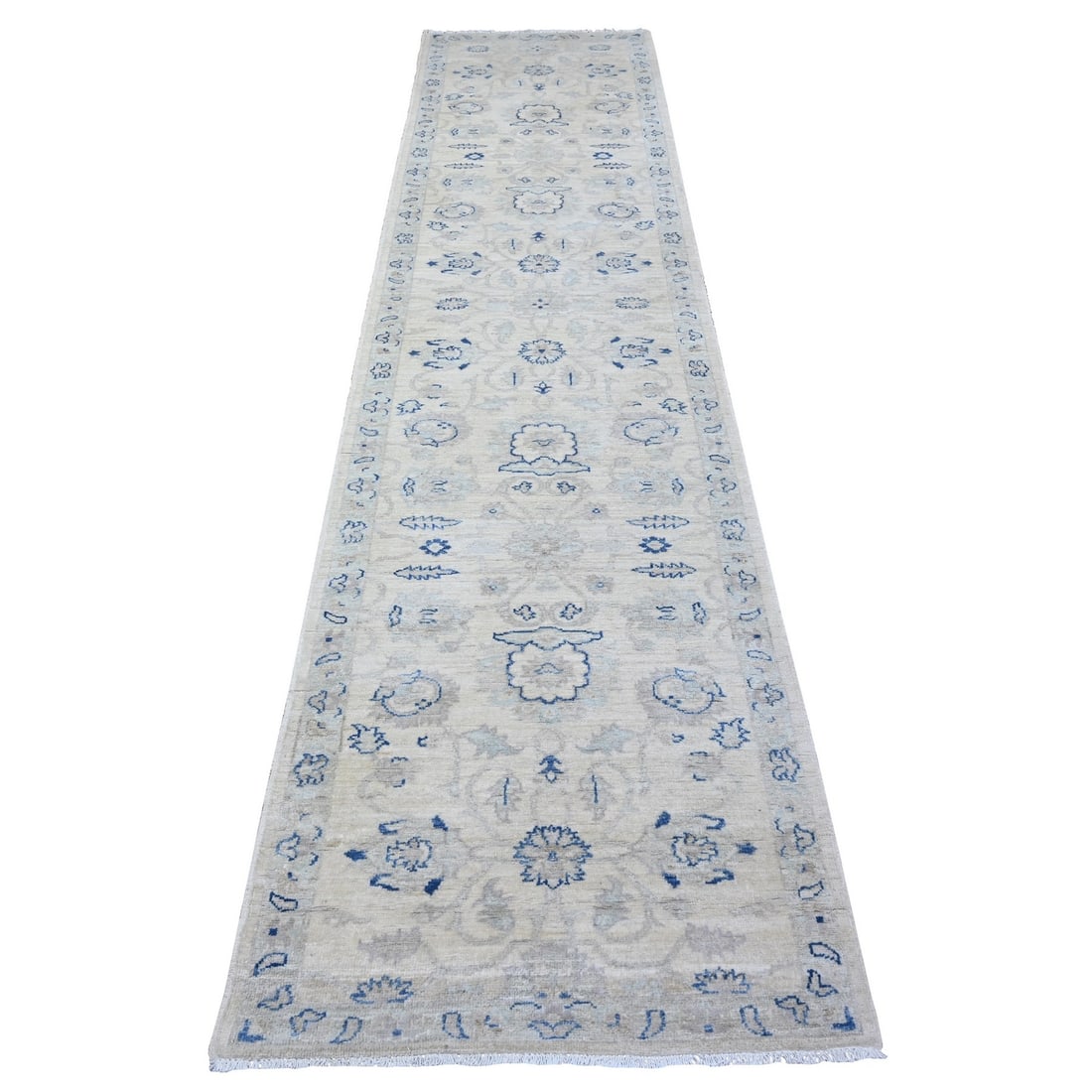 2'8"x11'10" White Hand Knotted Wool White Wash Peshawar Runner Rug: 2'8"x11'10" White Hand Knotted Wool White Wash Peshawar Runner Rug Hand-knotted in traditional Afghan techniques, this 2'8"x11'10" Peshawar-style wool rug boasts a stunning ivory white wash color and 