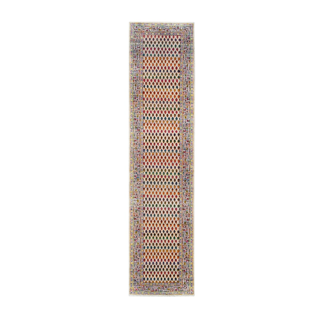 2'4"x10'2" Colorful Wool And Sari Silk Saroogh Hand Knotted Rug: 2'4"x10'2" Colorful Wool And Sari Silk Saroogh Hand Knotted Rug Hand-knotted with wool and sari silk, this vibrant 2'4"x10'2" Oriental rug boasts a stunning field of beige with pops of green, pink, re