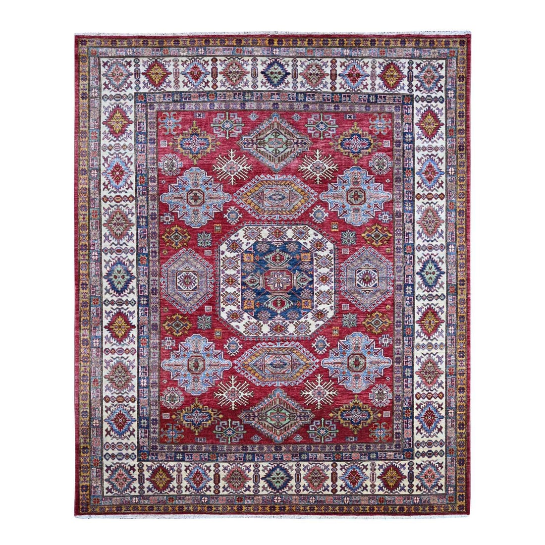 Afghan Super Kazak Red Wool Hand Knotted Medallions 8'1"x9'8: Afghan Super Kazak Red Wool Hand Knotted Medallions 8'1"x9'8 The Afghan Super Kazak Red Wool Hand Knotted Medallions are a stunning example of traditional craftsmanship, boasting an all-over regional 