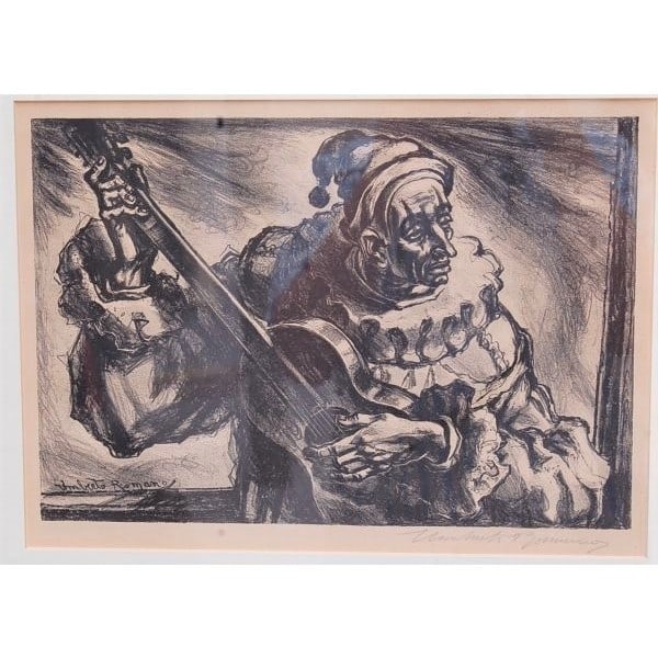Modernist Clown Musician Lithograph Signed Framed by Umberto Romano (1 of 10)