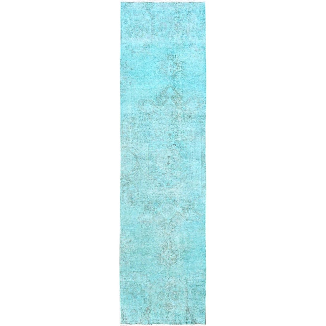 2'5"x10' Blue Overdyed Vintage Zoroastrian Hand Knotted All Wool Runner Rug: 2'5"x10' Blue Overdyed Vintage Zoroastrian Hand Knotted All Wool Runner Rug Blue overdyed vintage Zoroastrian hand knotted all wool runner rug boasts a unique, oriental-inspired design in a rich blue 