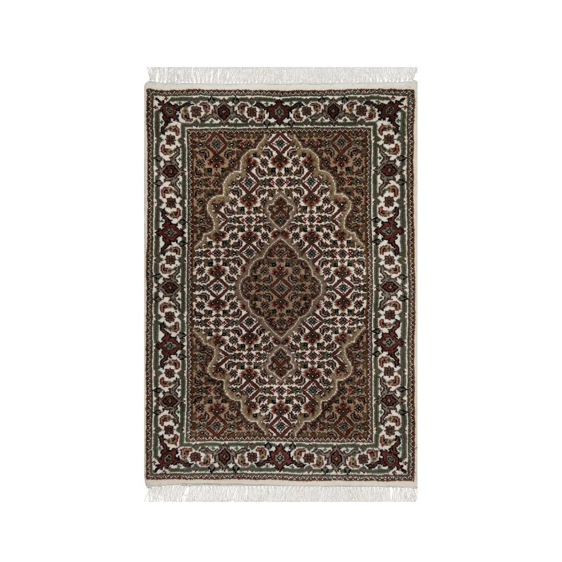 2'1"x3' Ivory 175 KPSI Tebraz Mahi Medallion Design Wool Hand Knotted Mat: 2'1"x3' Ivory 175 KPSI Tebraz Mahi Medallion Design Wool Hand Knotted Mat The 2'1"x3' Ivory Tebraz Mahi Medallion Design Wool Hand Knotted Mat boasts a stunning ivory color and intricate medallion pat