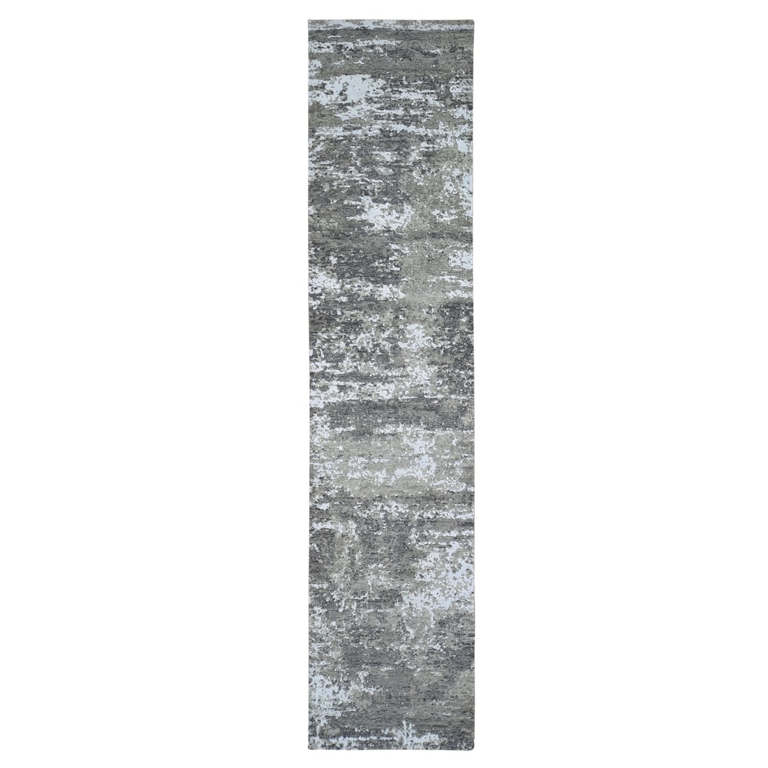 2'6"x12' Wool Denser Weave Abstract Design Hand Knotted Rug: 2'6"x12' Wool Denser Weave Abstract Design Hand Knotted Rug Hand-knotted with a dense wool weave, this 2'6"x12' abstract design rug boasts a striking grey field with subtle pops of ivory, charcoal, an