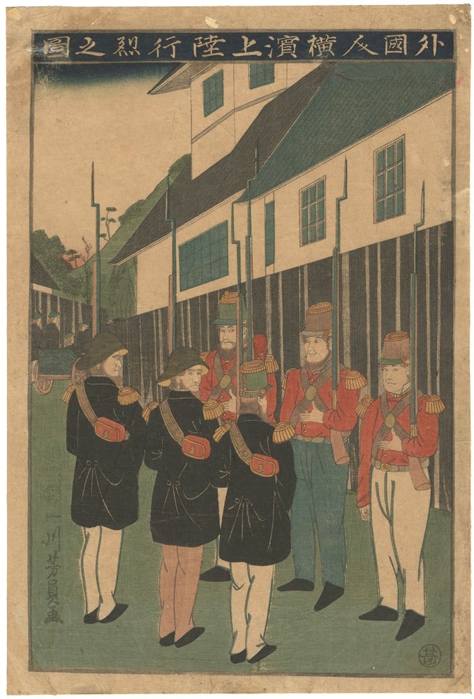 Foreigners Parade Woodblock Print Utagawa Yoshikazu 1860 Yokohama e: Foreigners Parade Woodblock Print Utagawa Yoshikazu 1860 Yokohama e Item Specifics: Artist: Utagawa Yoshikazu Subject: Foreigners in Yokohama Material: Washi Paper Style: Japanese Year Of Production: 