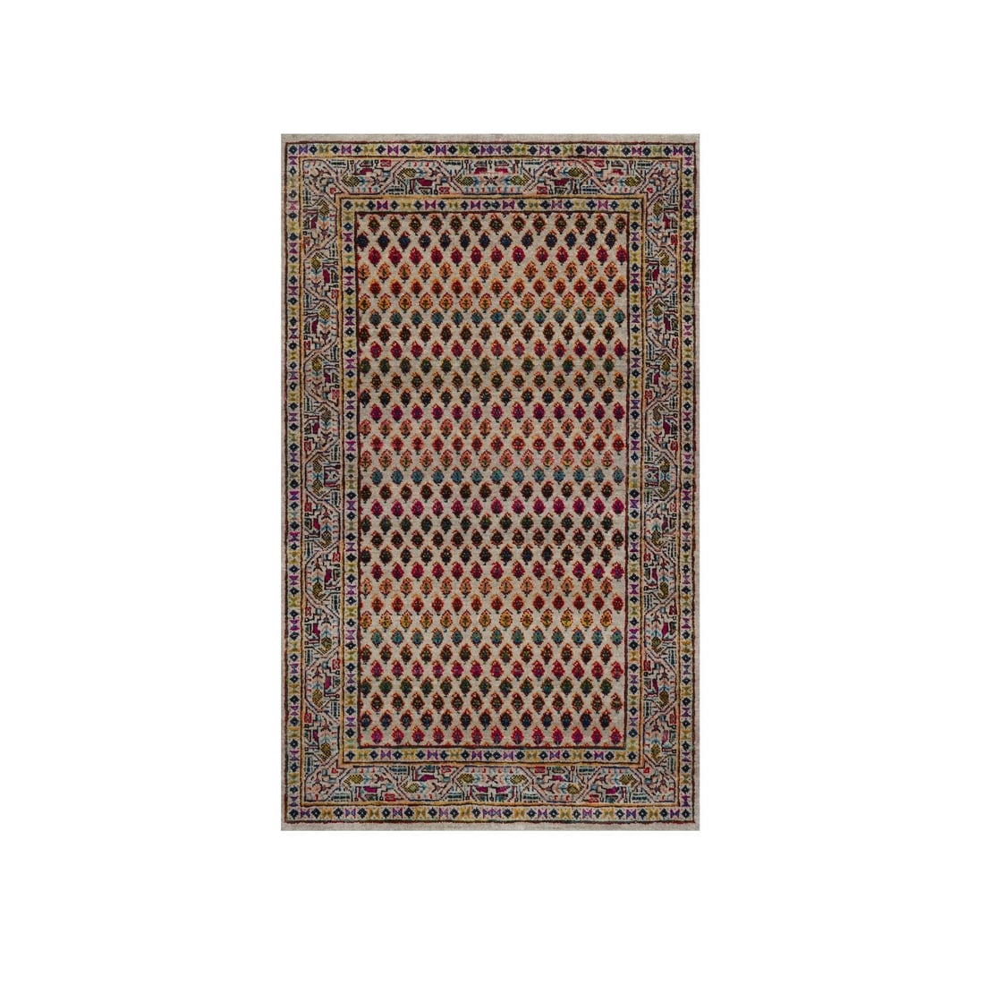 3'x5' Colorful Hand Knotted Repetitive Boteh Design Wool and Sari Silk Rug: 3'x5' Colorful Hand Knotted Repetitive Boteh Design Wool and Sari Silk Rug Hand-knotted with intricate repetitive boteh design, this 3'x5' wool and sari silk rug boasts a unique all-over regional patt