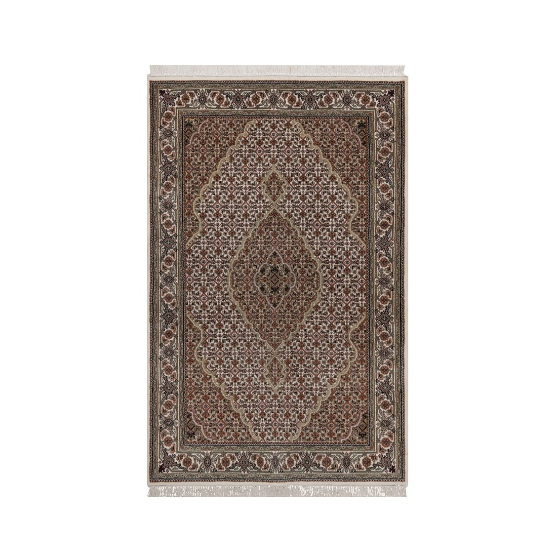 3'9"x6' Ivory 175 KPSI Tebraz Mahi with Medallion Design Wool Hand Knotted: 3'9"x6' Ivory 175 KPSI Tebraz Mahi with Medallion Design Wool Hand Knotted Ivory Tebraz Mahi wool hand knotted rug boasts a stunning medallion design, adding a touch of elegance to any indoor space. M