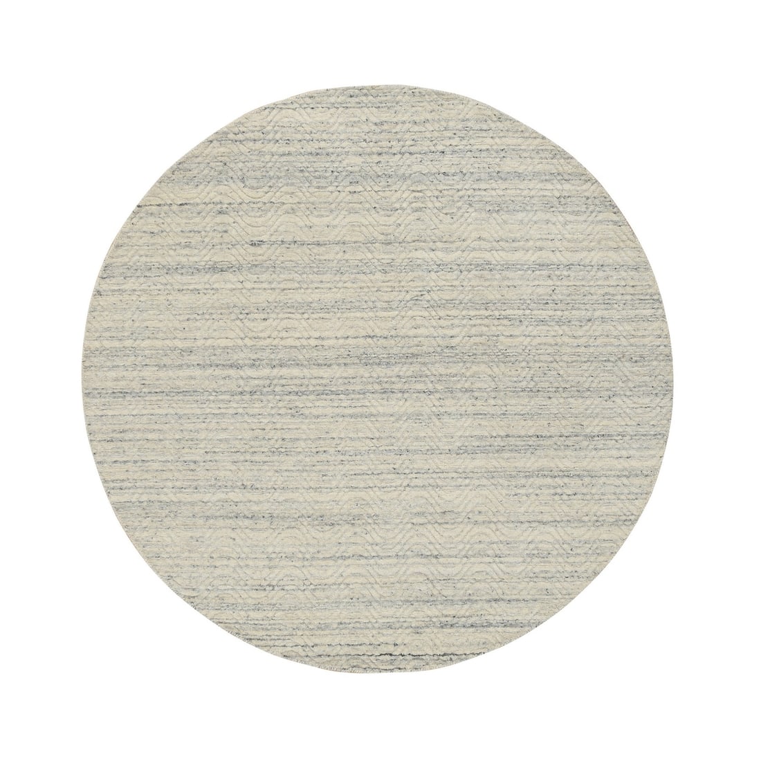 5'10"x5'10" Beige Modern Design Hand Loomed Wool Round Rug: 5'10"x5'10" Beige Modern Design Hand Loomed Wool Round Rug Modern design meets traditional craftsmanship in this 5'10"x5'10" beige wool round rug, hand loomed with a subtle power-loomed weave. The rug