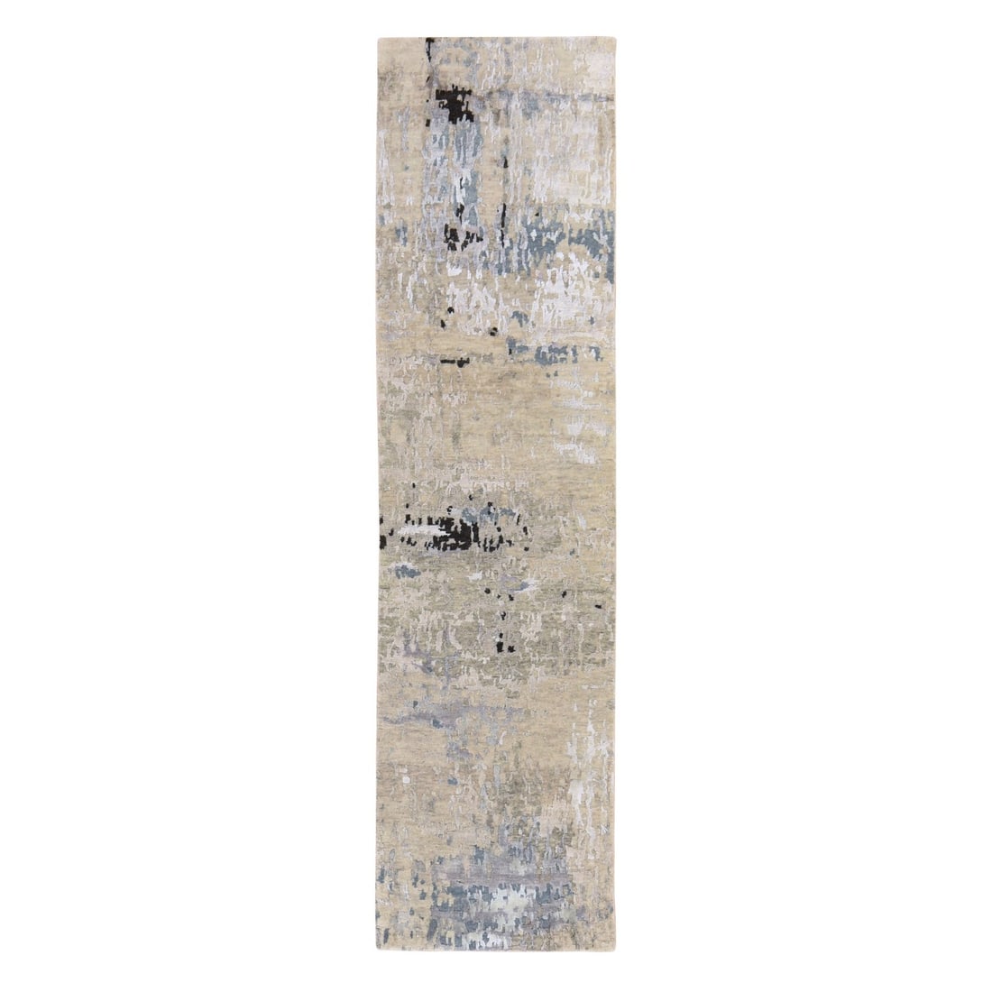 2'5"x9'9" Beige-Gray Modern Abstract Design Hand Knotted Wool & Silk Runner: 2'5"x9'9" Beige-Gray Modern Abstract Design Hand Knotted Wool & Silk Runner Modern abstract design hand-knotted wool and silk runner with a unique beige-gray color palette, measuring 2'5" x 9'9" in a 