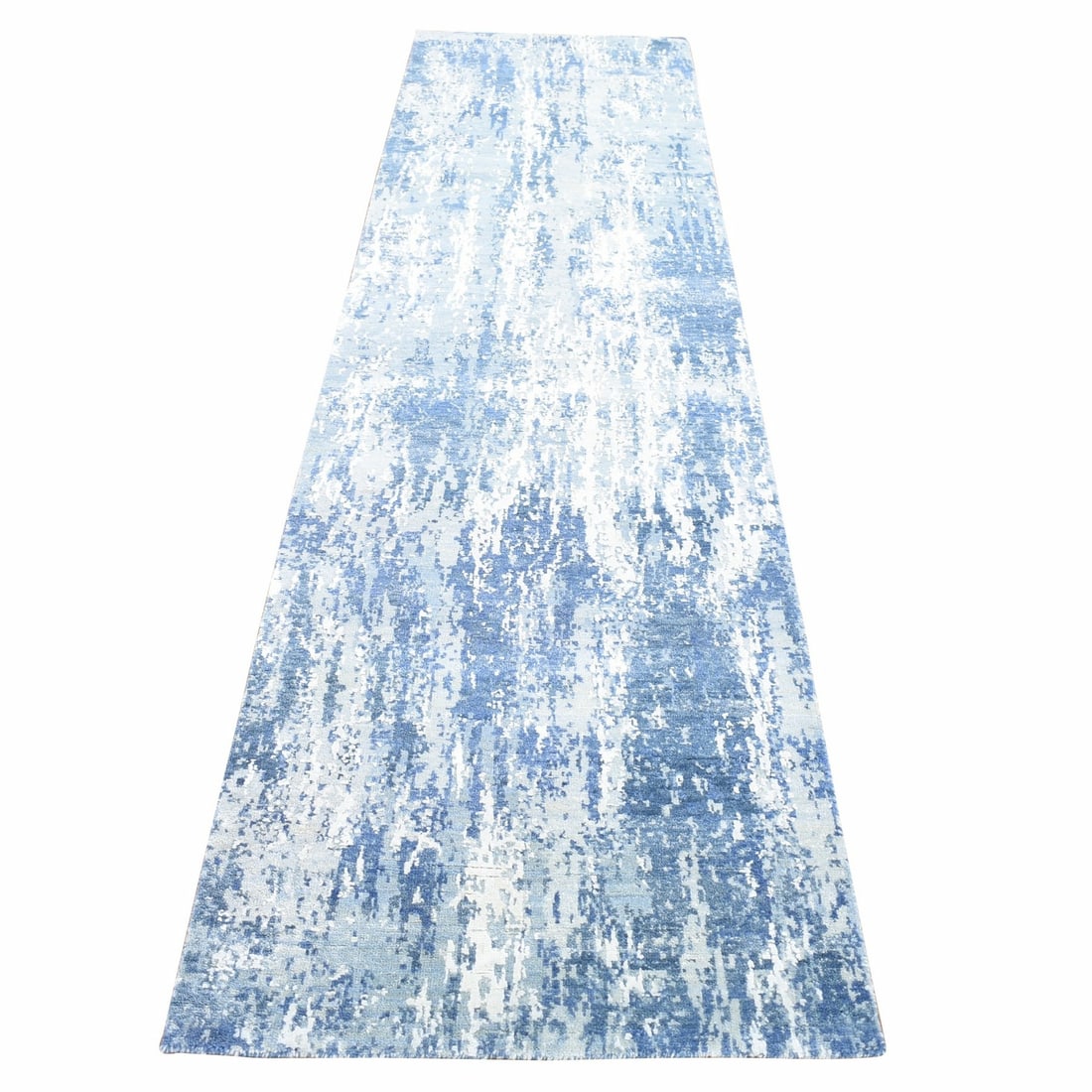 2'6"x10'1" Hand Knotted Blue Abstract Design Wool and Silk Runner Rug: 2'6"x10'1" Hand Knotted Blue Abstract Design Wool and Silk Runner Rug Hand-knotted in wool and silk, this 2'6"x10'1" abstract blue design runner rug boasts a unique, intricate pattern. Made with a ble