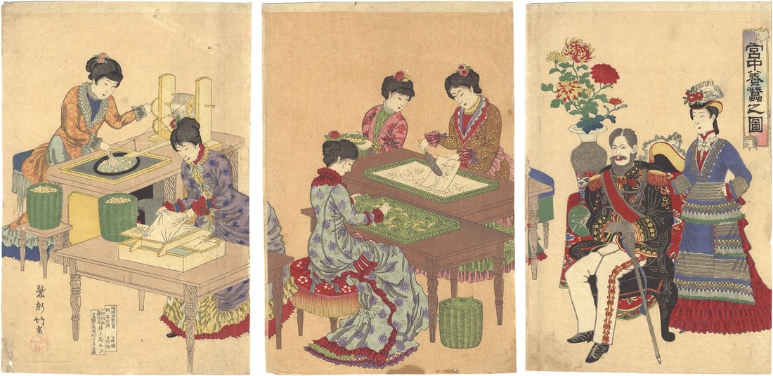 1888 Chikuyo Japanese Woodblock Print Triptych Imperial Court Sericulture Meiji: 1888 Chikuyo Japanese Woodblock Print Triptych Imperial Court Sericulture Meiji Item Specifics: Artist: Chikuyo Subject: Sericulture Imperial Court Meiji History Material: Washi Paper Woodblock Ink St