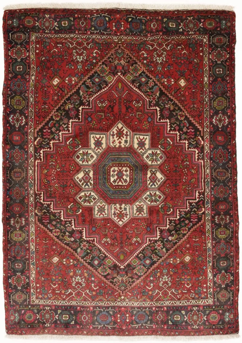 3'4X4'9 Vintage Bidjar Oriental Rug Geometric Floral Handmade Plush Carpet Hand-Knotted: 3'4X4'9 Vintage Bidjar Oriental Rug Geometric Floral Handmade Plush Carpet Hand-Knotted The 3'4X4'9 Vintage Bidjar Oriental Rug is a stunning example of hand-knotted craftsmanship, boasting a rich geo