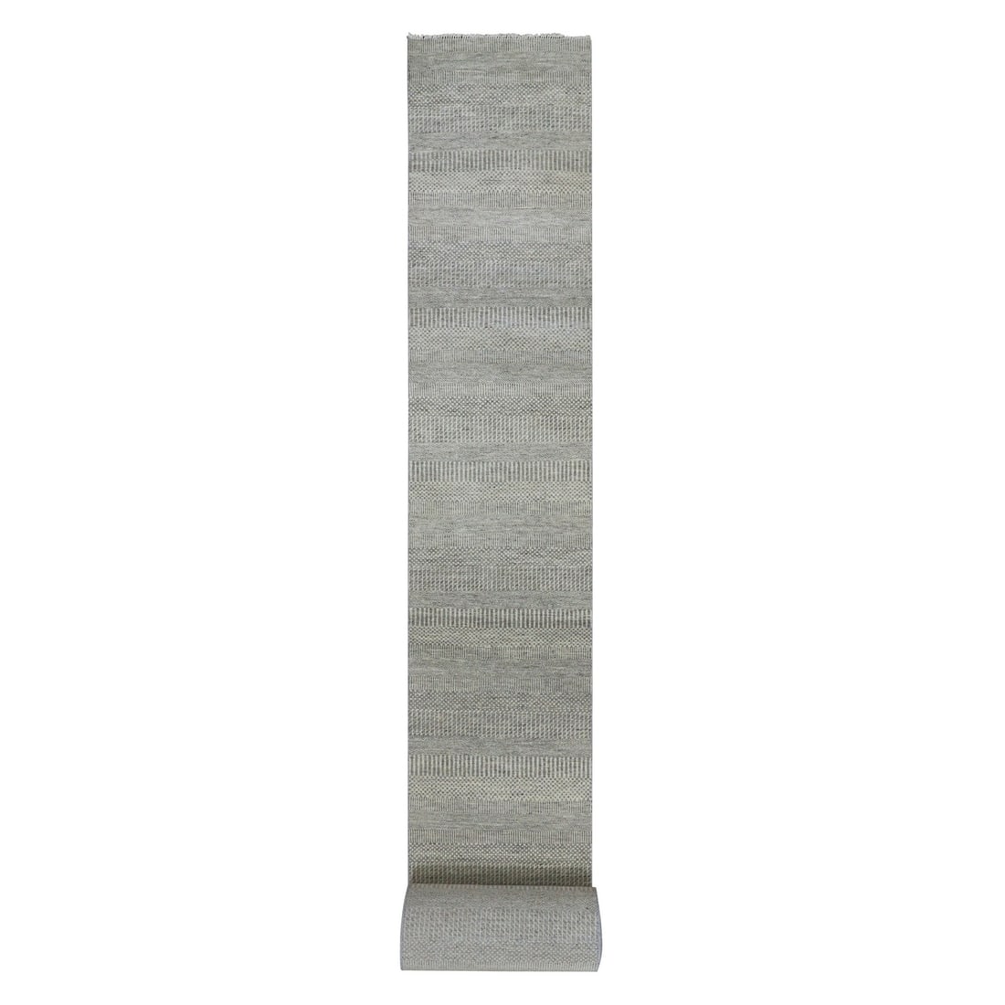2'5"x26'3" Gray Undyed Soft Wool Hand Knotted Grass Design XL Runner Rug: 2'5"x26'3" Gray Undyed Soft Wool Hand Knotted Grass Design XL Runner Rug Softly woven in a timeless gray hue, this 2'5"x26'3" hand knotted wool runner rug boasts a classic Oriental design that adds wa