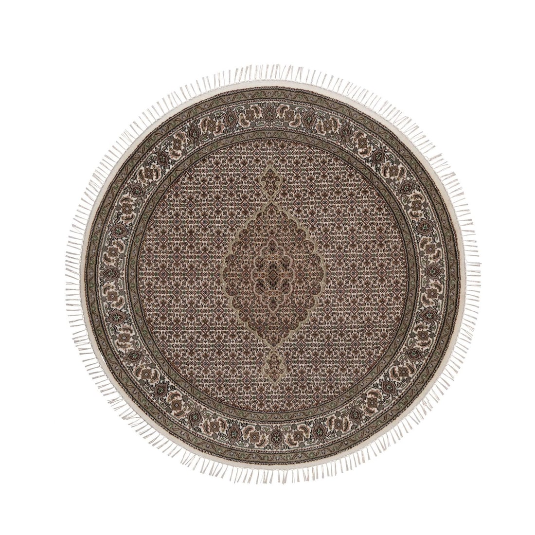 Ivory Tebraz Mahi Medallion Hand Knotted Wool Round 6'x6' 175 KPSI: Ivory Tebraz Mahi Medallion Hand Knotted Wool Round 6'x6' 175 KPSI The Ivory Tebraz Mahi Medallion is a stunning hand-knotted wool rug, measuring 71" x 71" and boasting a medallion pattern in ivory an