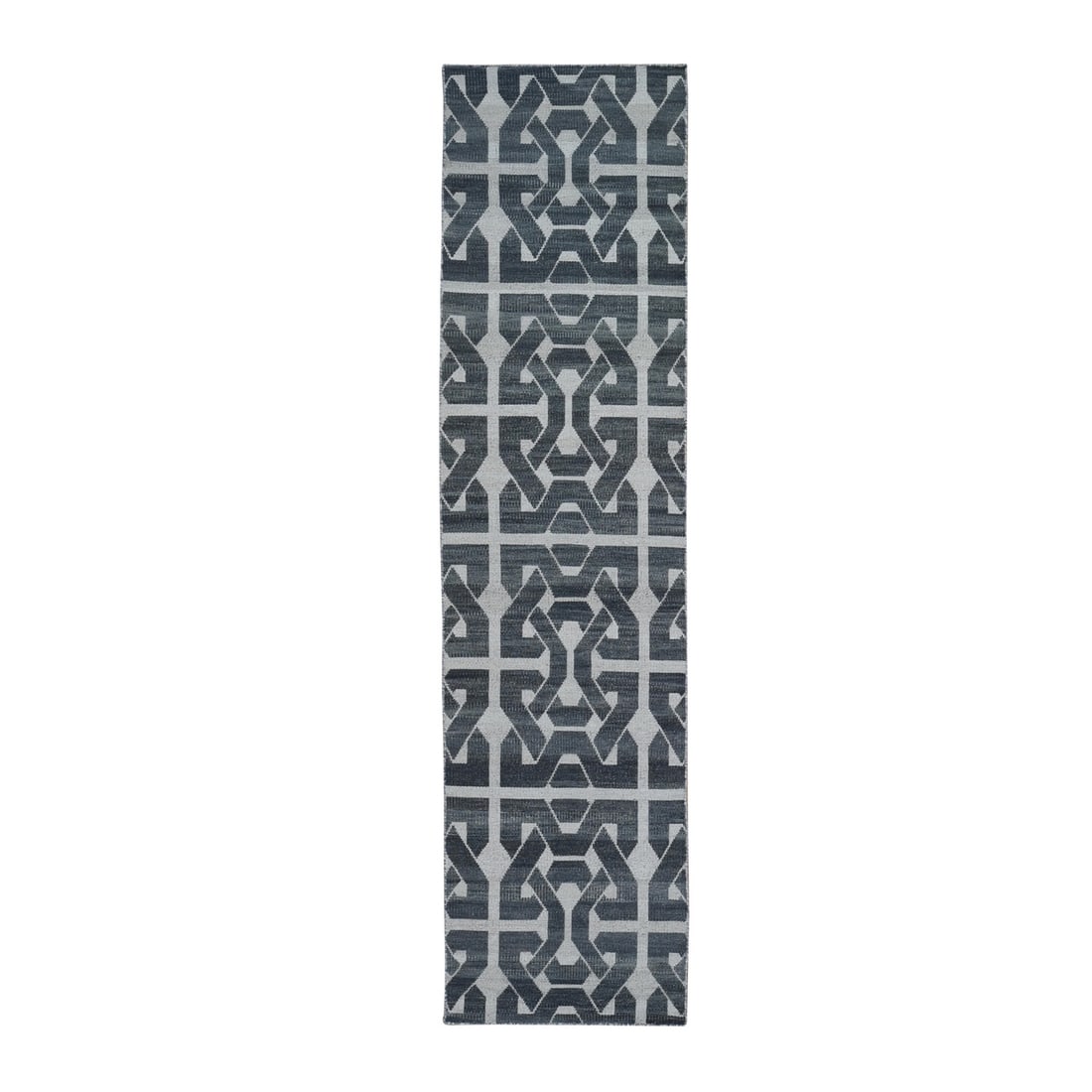 2'7"x9'10" Hand Woven Flat Weave Geometric Reversible Kilim Runner Rug: 2'7"x9'10" Hand Woven Flat Weave Geometric Reversible Kilim Runner Rug Grey wool hand-woven geometric design in a reversible format, measuring 2'7" x 9'10". This traditional Oriental-style kilim runne