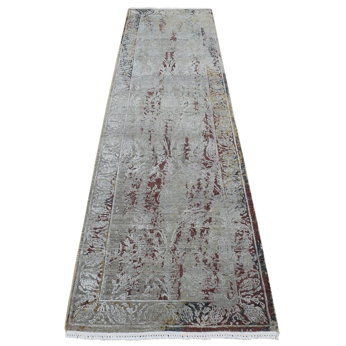 2'6"x9'10" Gray Erased Tulip Design Silk/ Wool Hand Knotted Runner Rug (1 of 7)