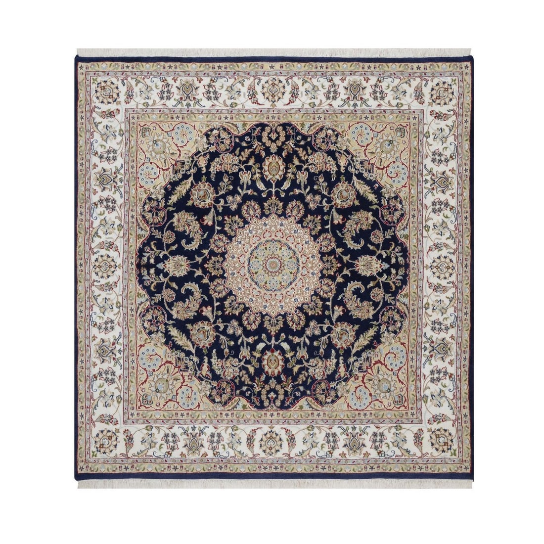 Midnight Blue Nain Hand Knotted Soft Wool and Silk 6'8" Square Rug: Midnight Blue Nain Hand Knotted Soft Wool and Silk 6'8" Square Rug Softly glowing with a midnight blue hue, this hand-knotted Nain-style rug boasts a stunning medallion pattern in rich, muted tones. M