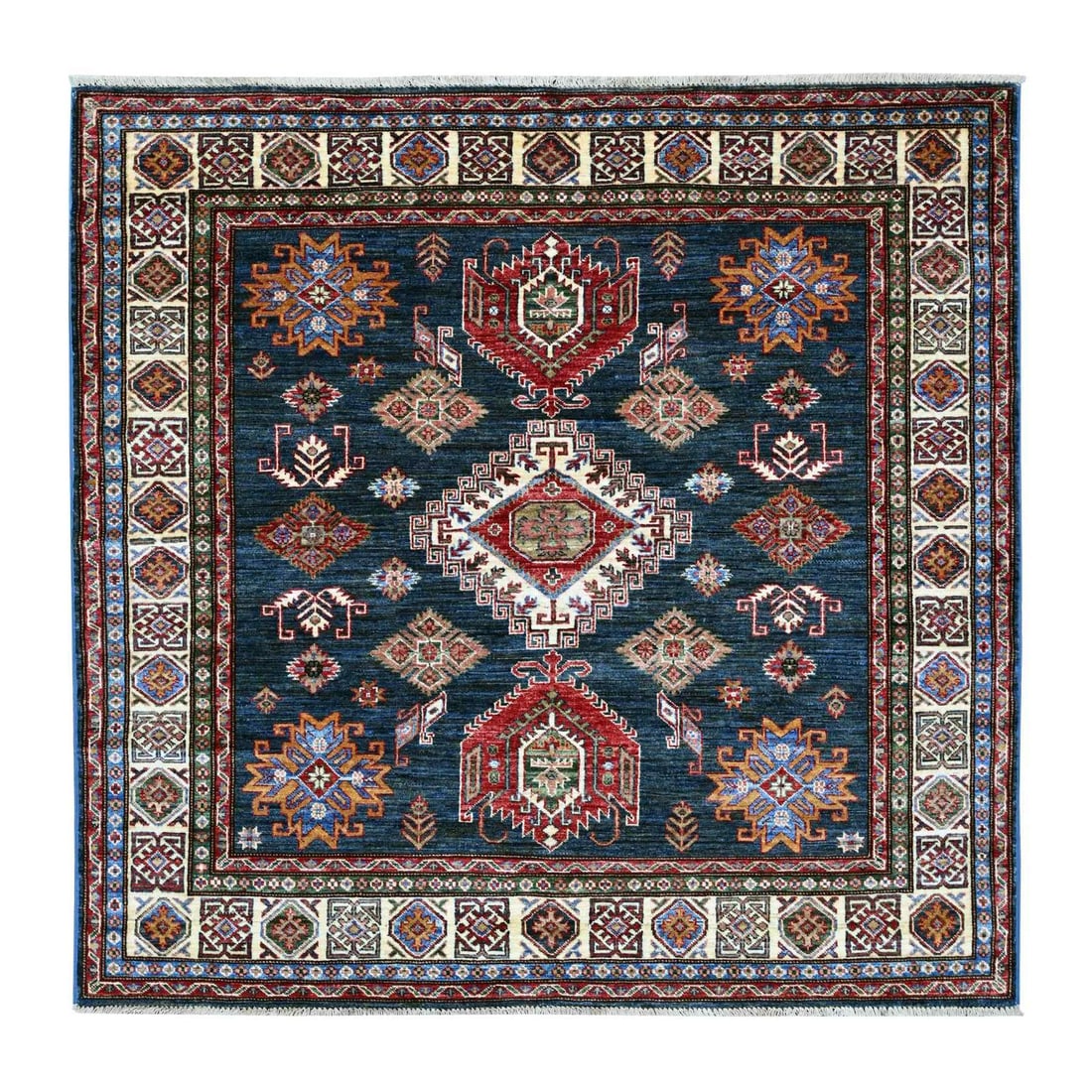 6'x6' Blue Super Kazak Medallion Design Hand Knotted Soft Wool Square Rug: 6'x6' Blue Super Kazak Medallion Design Hand Knotted Soft Wool Square Rug Softly glowing blue hues dominate this stunning 6'x6' hand-knotted wool medallion design square rug, crafted with traditional 